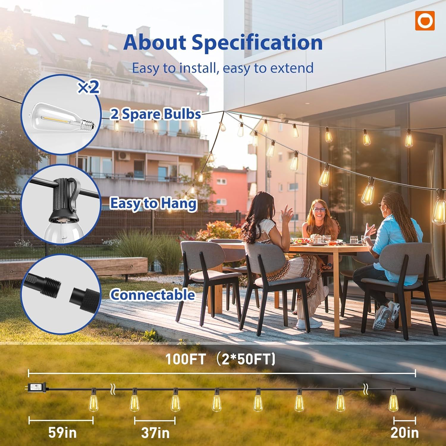 Communicates multiple product specifications and benefits in a segmented layout, showing shoppers that the string lights come with spare bulbs, are easy to install and hang, can be connected…