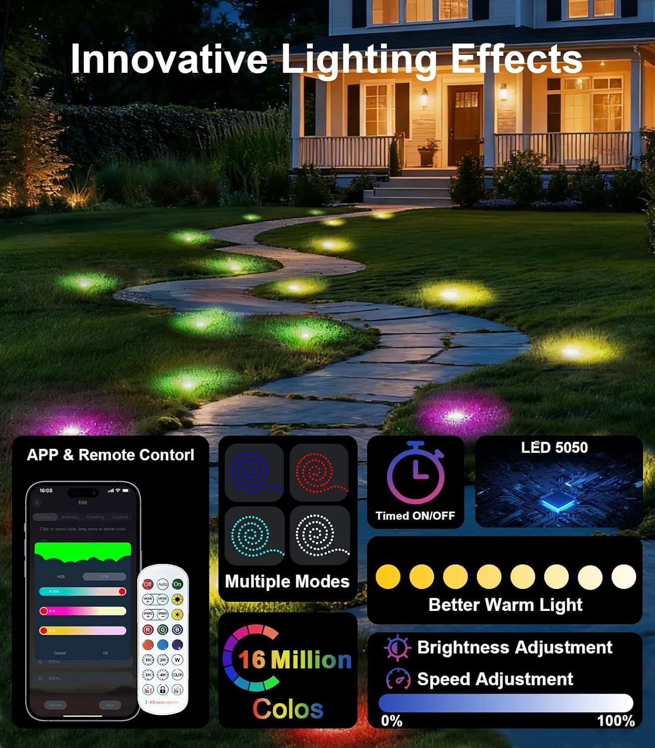 Showcases the comprehensive feature set of smart landscape lighting, emphasizing customization options, app control, color variety, and adjustable settings to demonstrate the product's versatility…