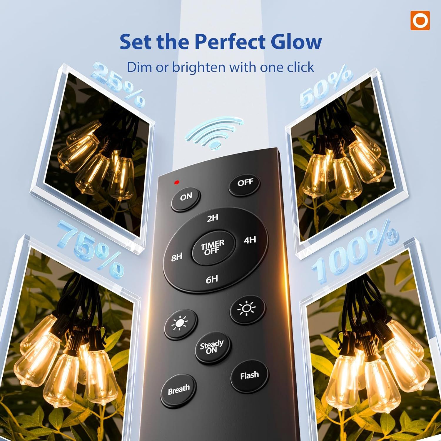 Demonstrates the product's adjustable brightness feature with multiple dimming levels controlled by remote, showing shoppers the versatility and convenience of customizing light intensity.