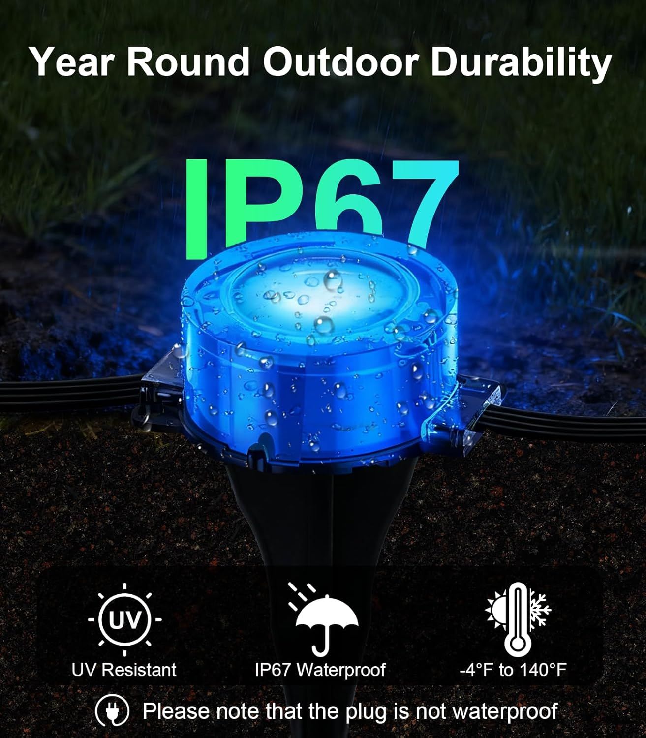 Communicates the product's outdoor durability through multiple protective features, reassuring shoppers it can withstand harsh weather conditions year-round.