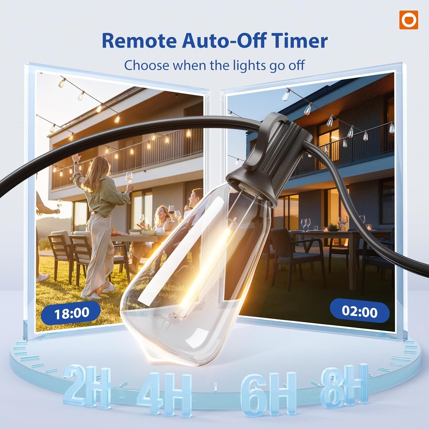 Communicates the convenience of a remote-controlled timer feature that allows users to schedule when outdoor lights automatically turn off, providing ease of use and energy savings.