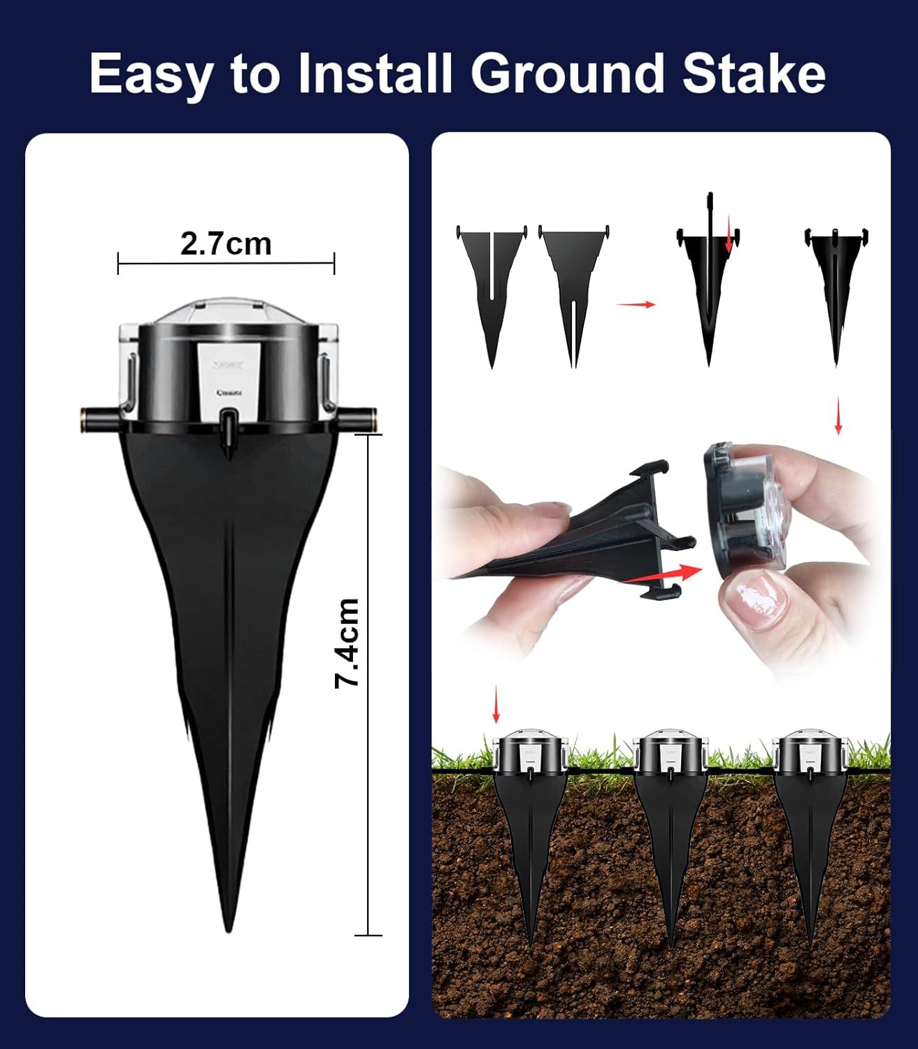 Demonstrates the step-by-step installation process for the ground stake, showing shoppers how simple it is to assemble and install the product into the ground. Provides exact measurements of the…