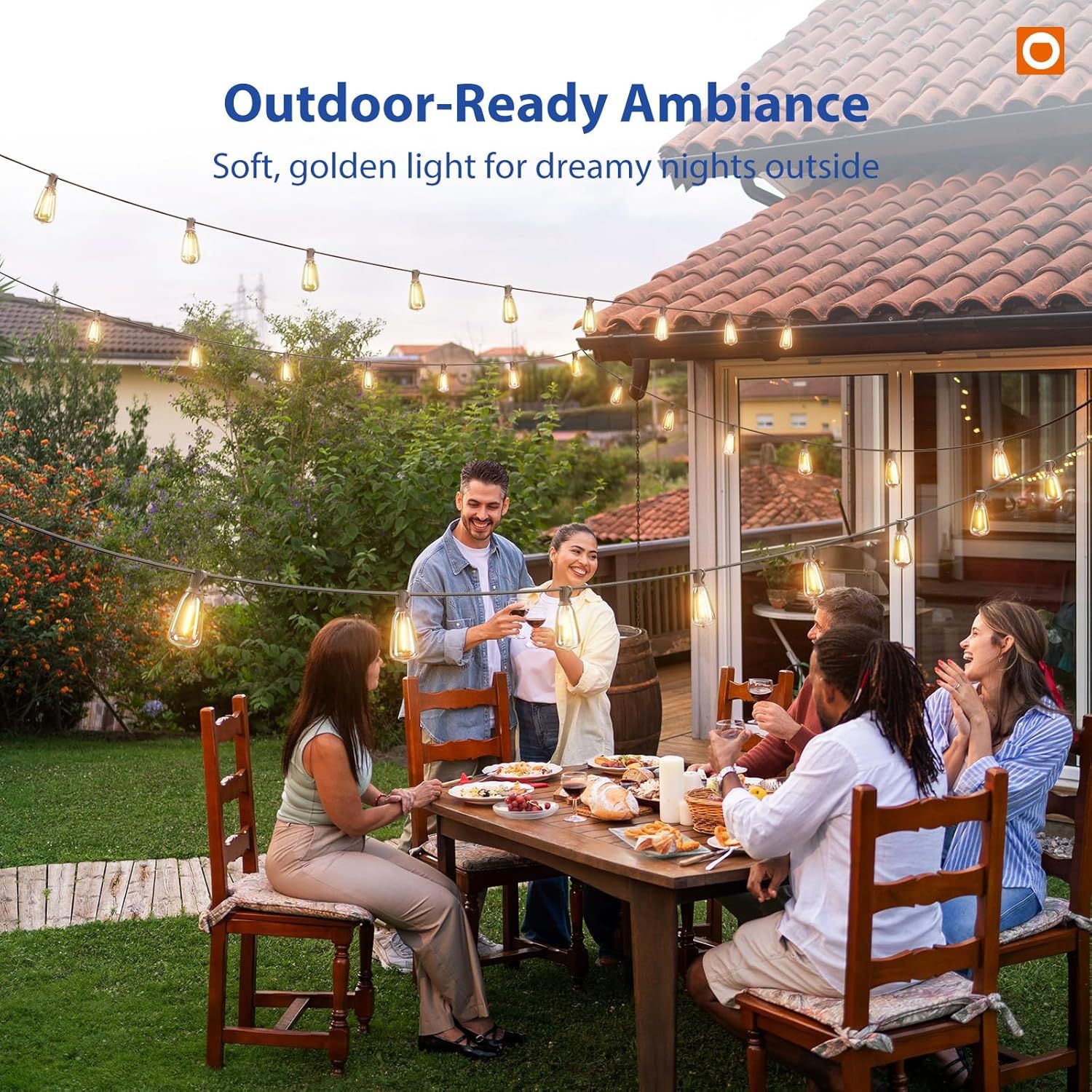 Communicates that the product creates beautiful outdoor ambiance with soft, golden lighting perfect for entertaining and outdoor gatherings.