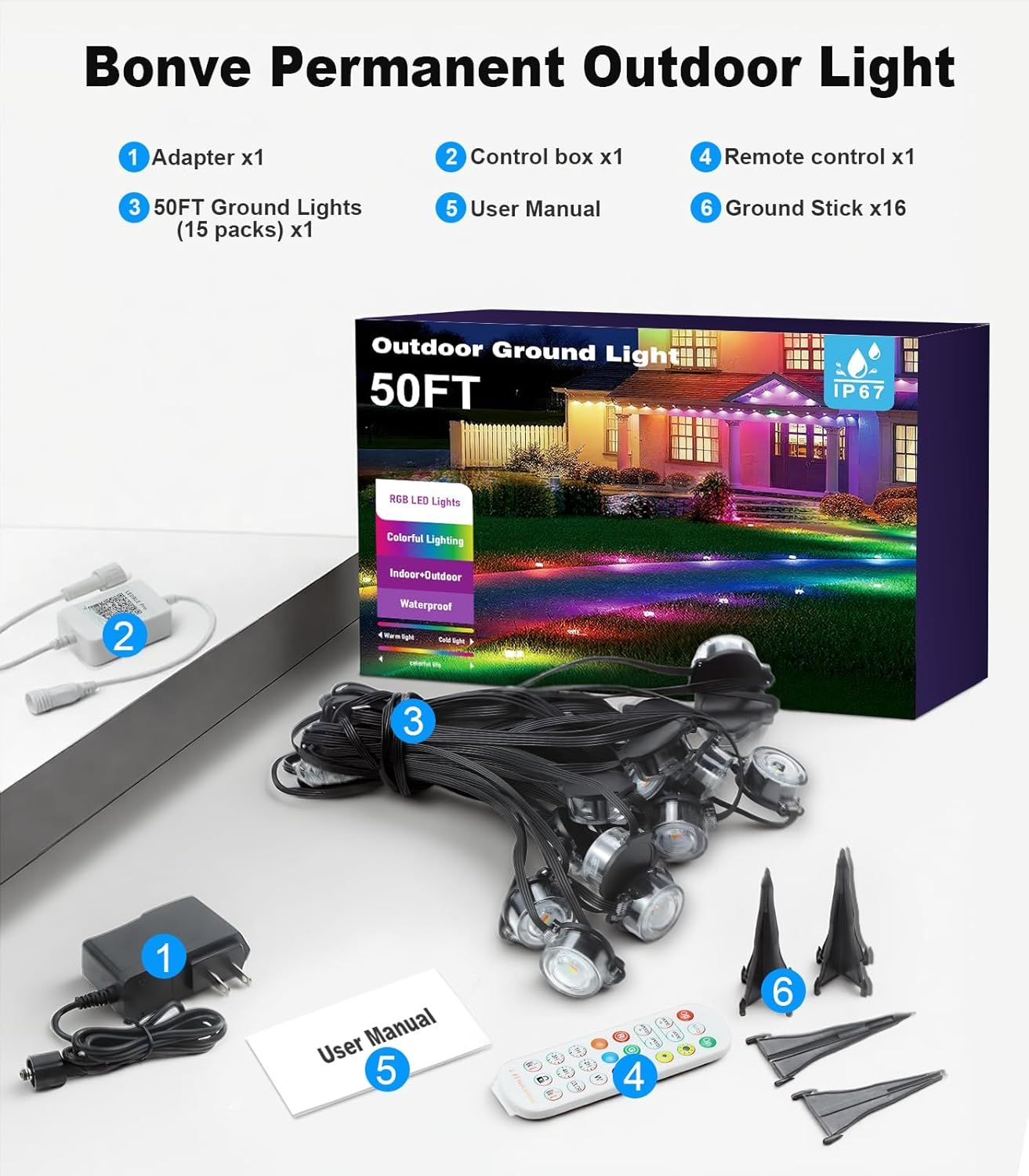 Shows all components included in the package (adapter, control box, lights, remote, manual, and ground stakes) to help shoppers understand the complete value and what they will receive upon purchase.