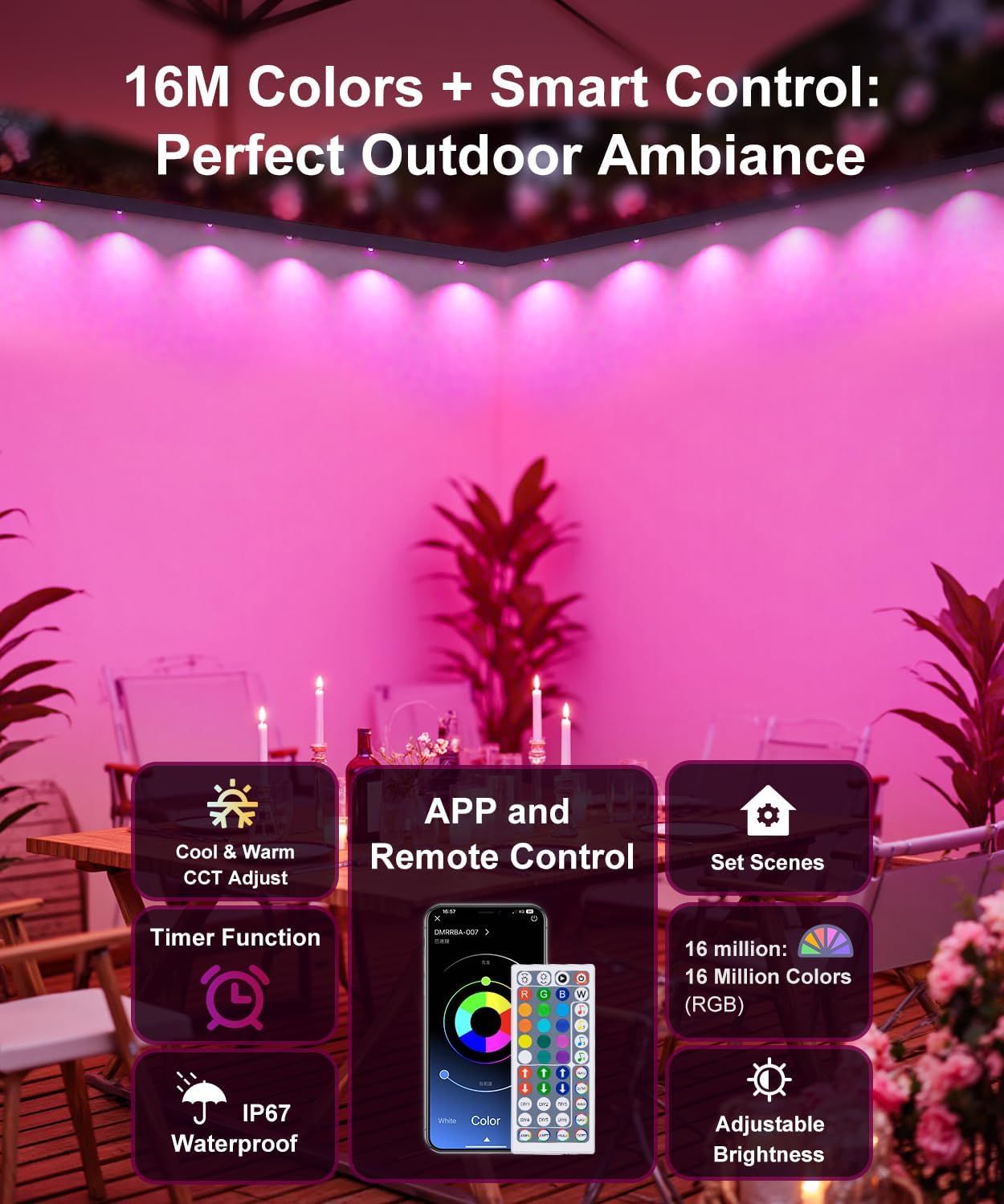 Communicates the comprehensive smart lighting capabilities including color options, remote control, weatherproofing, and customization features to show shoppers the product's versatility and…