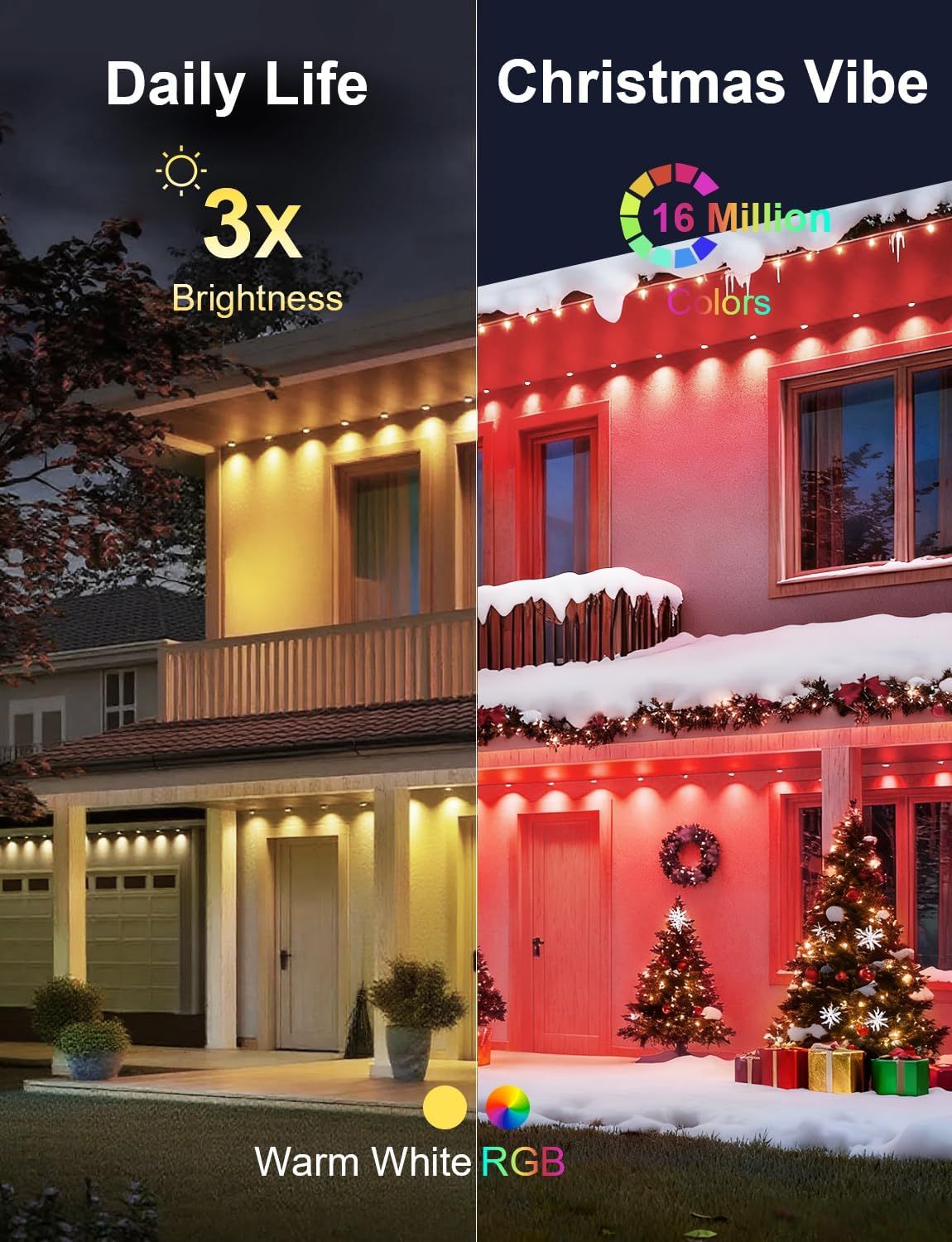 Demonstrates the product's versatility for both everyday use and holiday decoration, showing warm white lighting for daily life and RGB color options for Christmas, encouraging purchase as a…