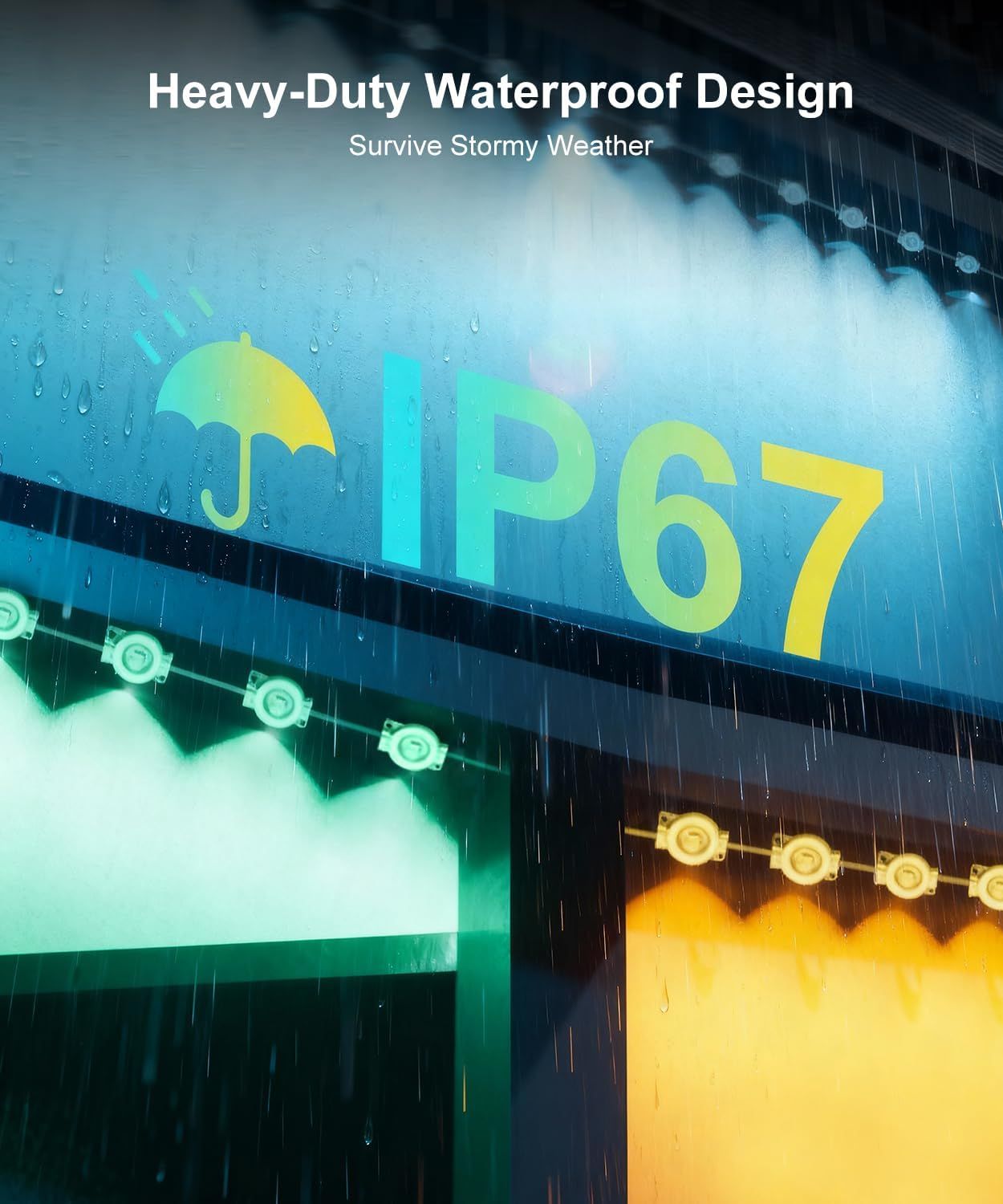 Communicates that the product has an IP67 waterproof rating and can survive stormy weather conditions, reassuring shoppers of its durability and weather resistance.