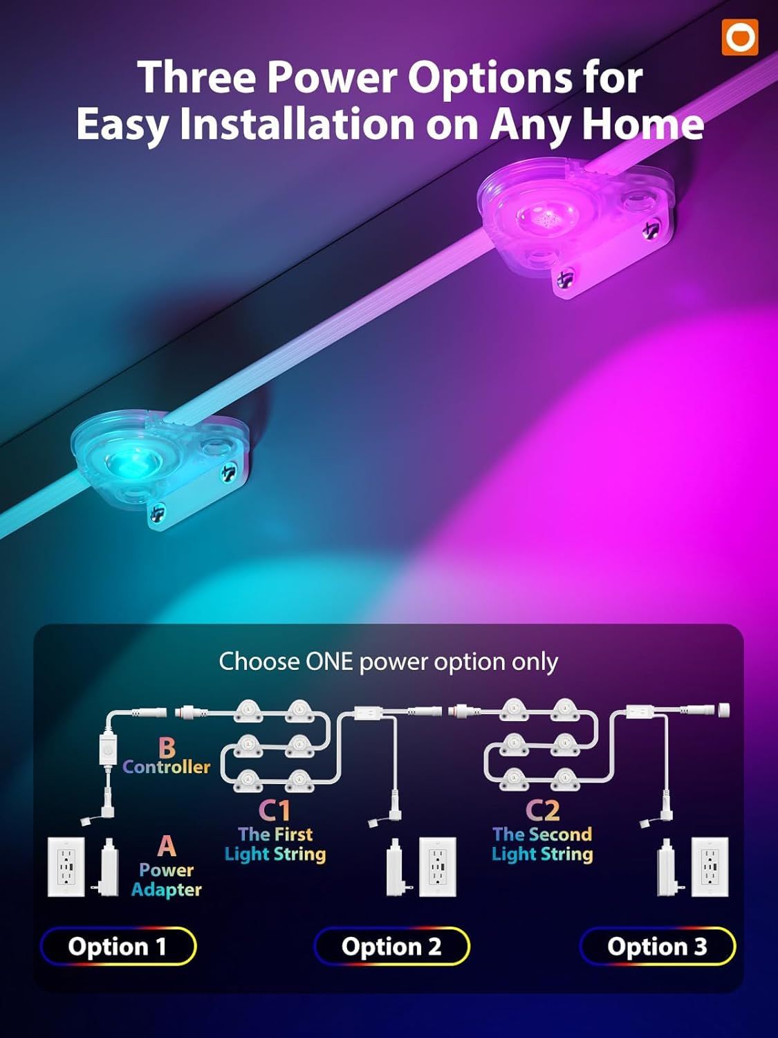 Explains three different power installation options for the LED light strips, helping shoppers understand the flexible setup process and choose the configuration that works best for their home.…