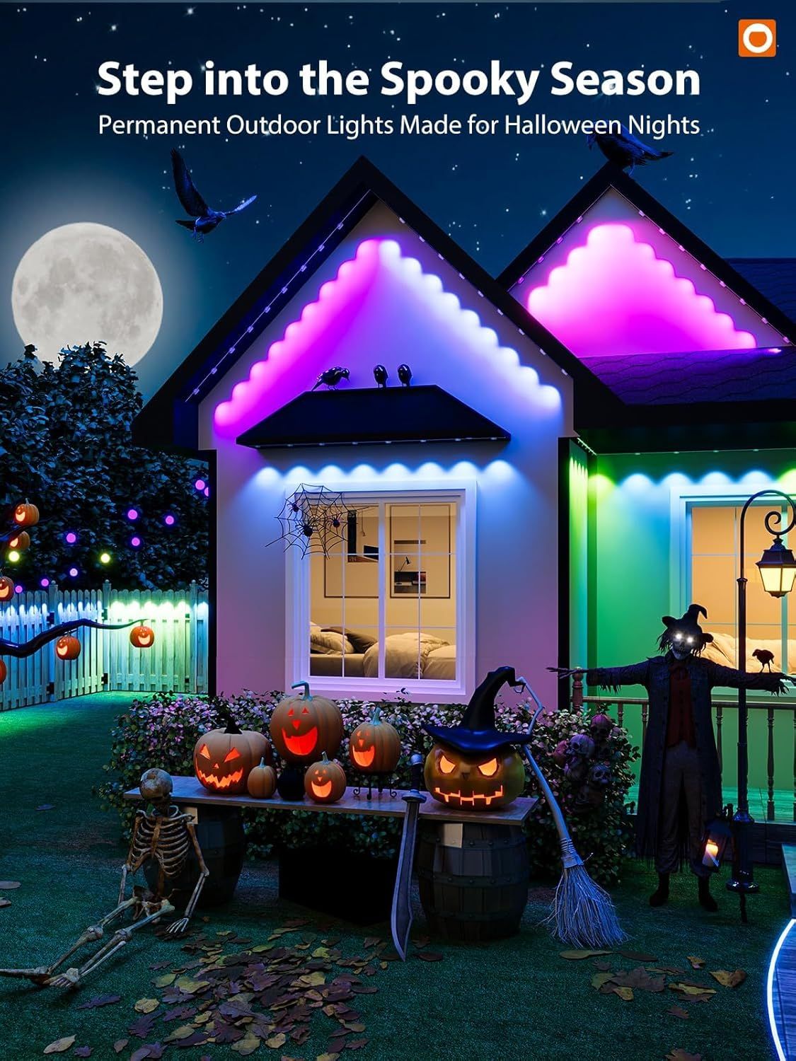Positions the permanent outdoor lights as perfect for Halloween decoration, showcasing their ability to create a spooky festive atmosphere with colorful lighting effects. Demonstrates the product's…