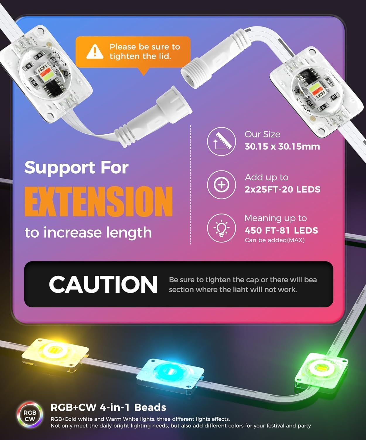 Communicates multiple key features of the LED extension product including its extendability, physical dimensions, maximum LED capacity, and multi-color lighting capabilities to help shoppers…