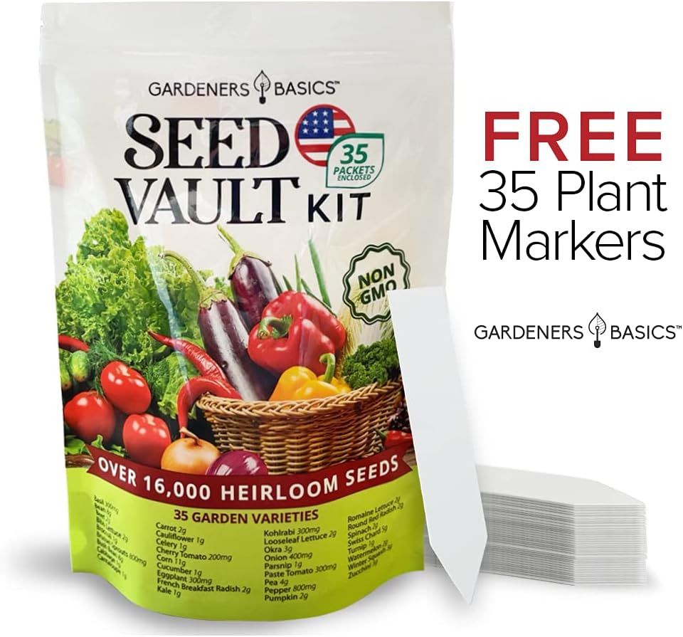 Communicates the complete contents of the seed vault kit, emphasizing the variety of seeds included and the bonus plant markers to help shoppers understand the full value of the bundle.