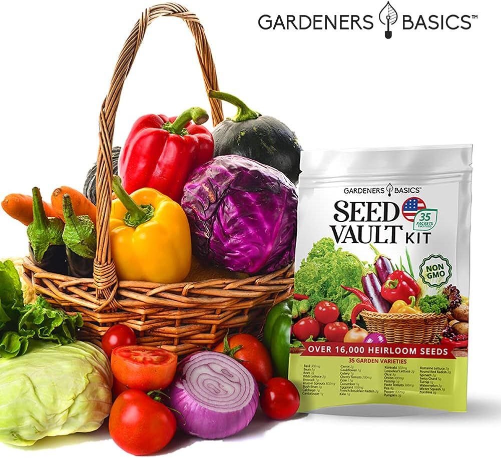 Shows the customer what they receive with the Seed Vault Kit by displaying the product packaging alongside the abundant harvest of vegetables it can produce, demonstrating the variety and value of…