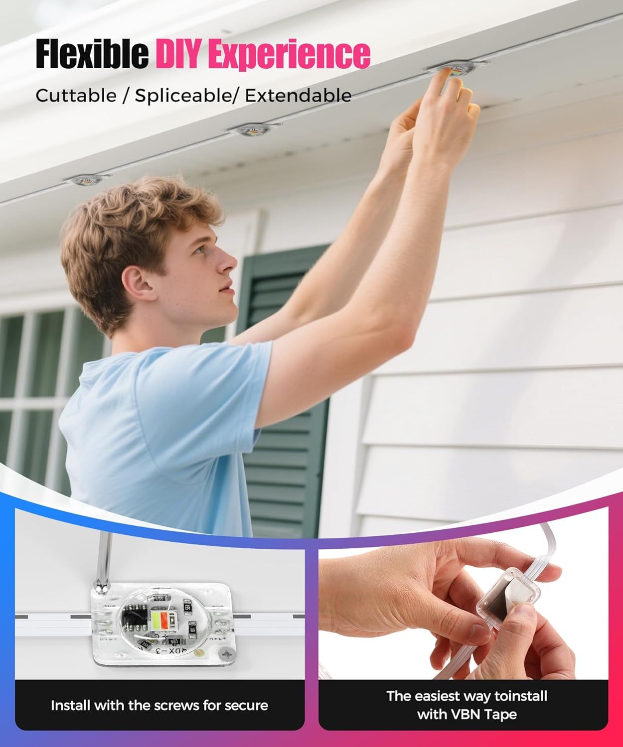 Demonstrates the flexible installation process for the LED light strip, showing shoppers that it can be easily installed using either screws or VBN tape, emphasizing the DIY-friendly and…
