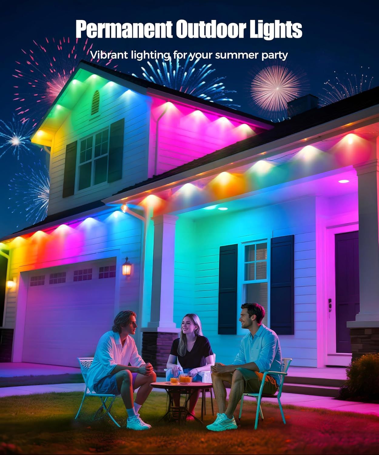 Demonstrates the product in a real-world social setting to show how the colorful outdoor lights create an inviting party atmosphere for entertaining guests at home.