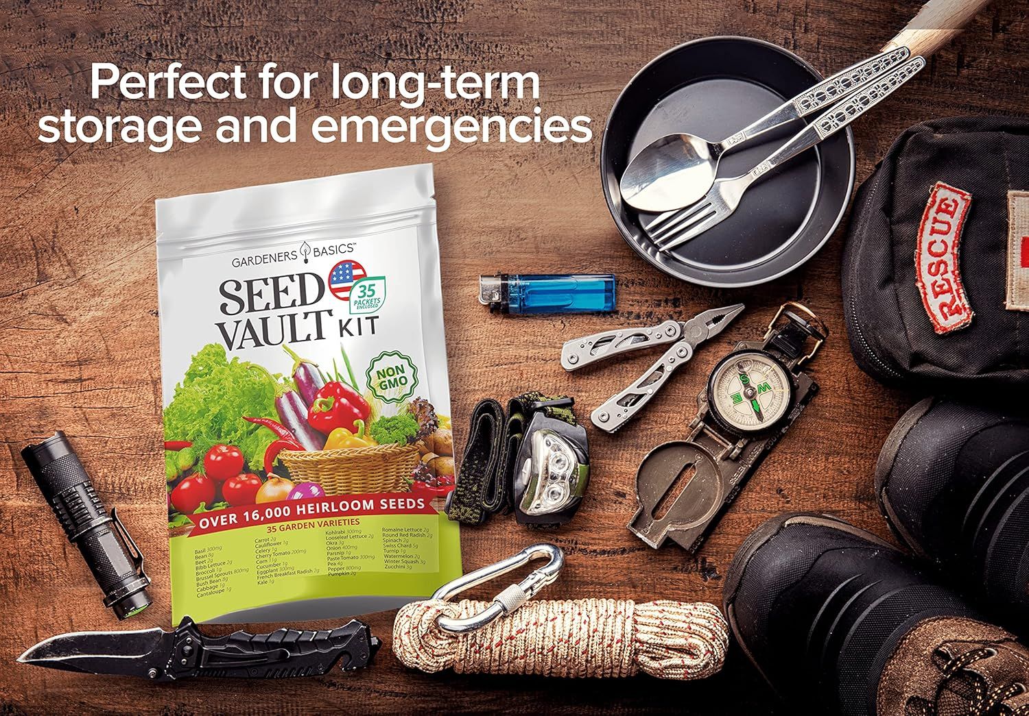 Demonstrates the product's suitability for emergency situations and long-term storage by showing it alongside survival and camping gear, reassuring shoppers of its practical versatility.…