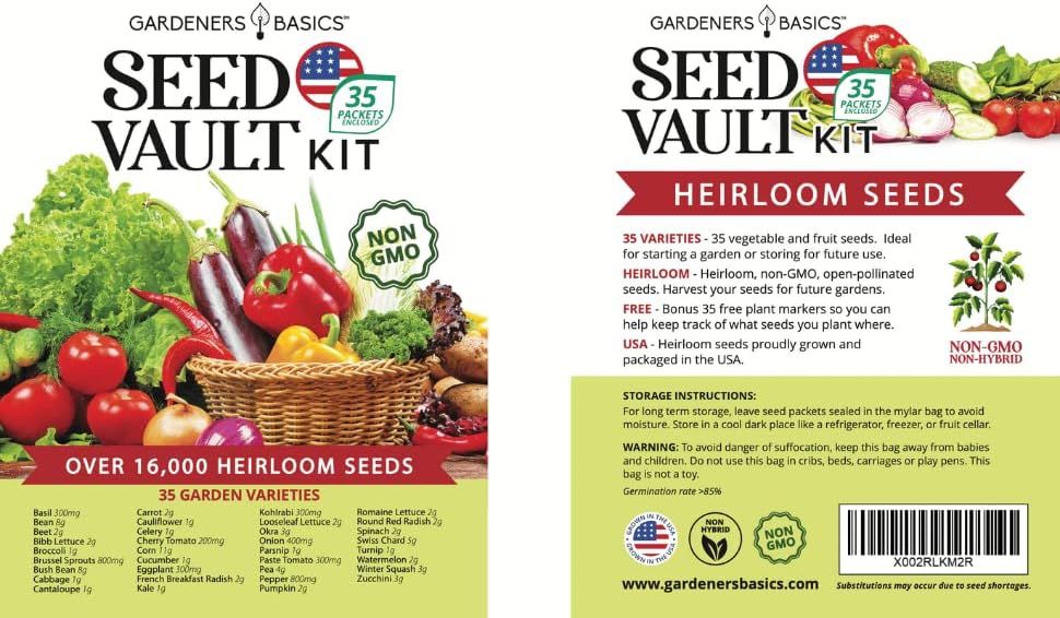 Shows the complete contents and variety of the seed vault kit, emphasizing the quantity (35 varieties, 16,000+ seeds) and key attributes (heirloom, non-GMO, USA-grown) to help shoppers understand…