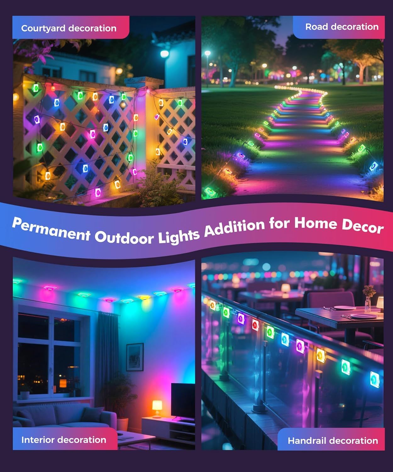 Demonstrates the versatility of the outdoor lights by showing four distinct application scenarios (courtyard, road, interior, and handrail decoration) to help shoppers visualize how the product can…
