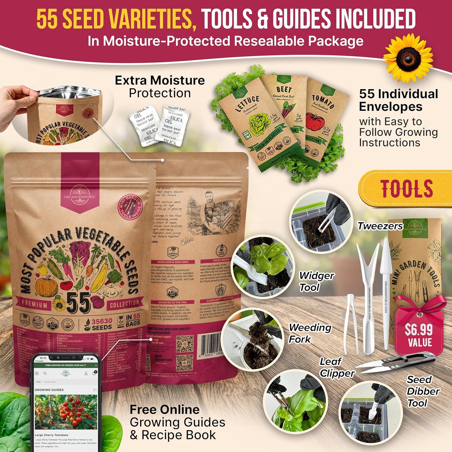 Shows everything included in the seed kit bundle—55 seed varieties, gardening tools (tweezers, widger, weeding fork, leaf clipper, seed dibber), growing guides, and moisture-protected resealable…