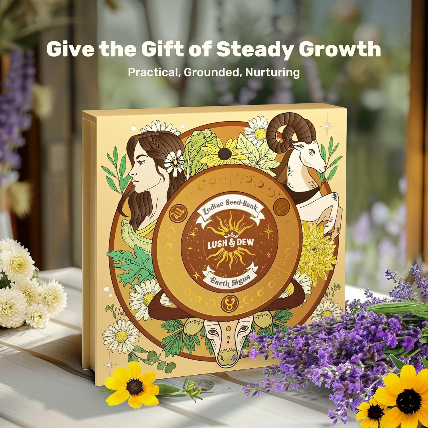 Positions the product as a thoughtful gift option with messaging 'Give the Gift of Steady Growth' and decorative packaging designed to appeal to gift-givers.