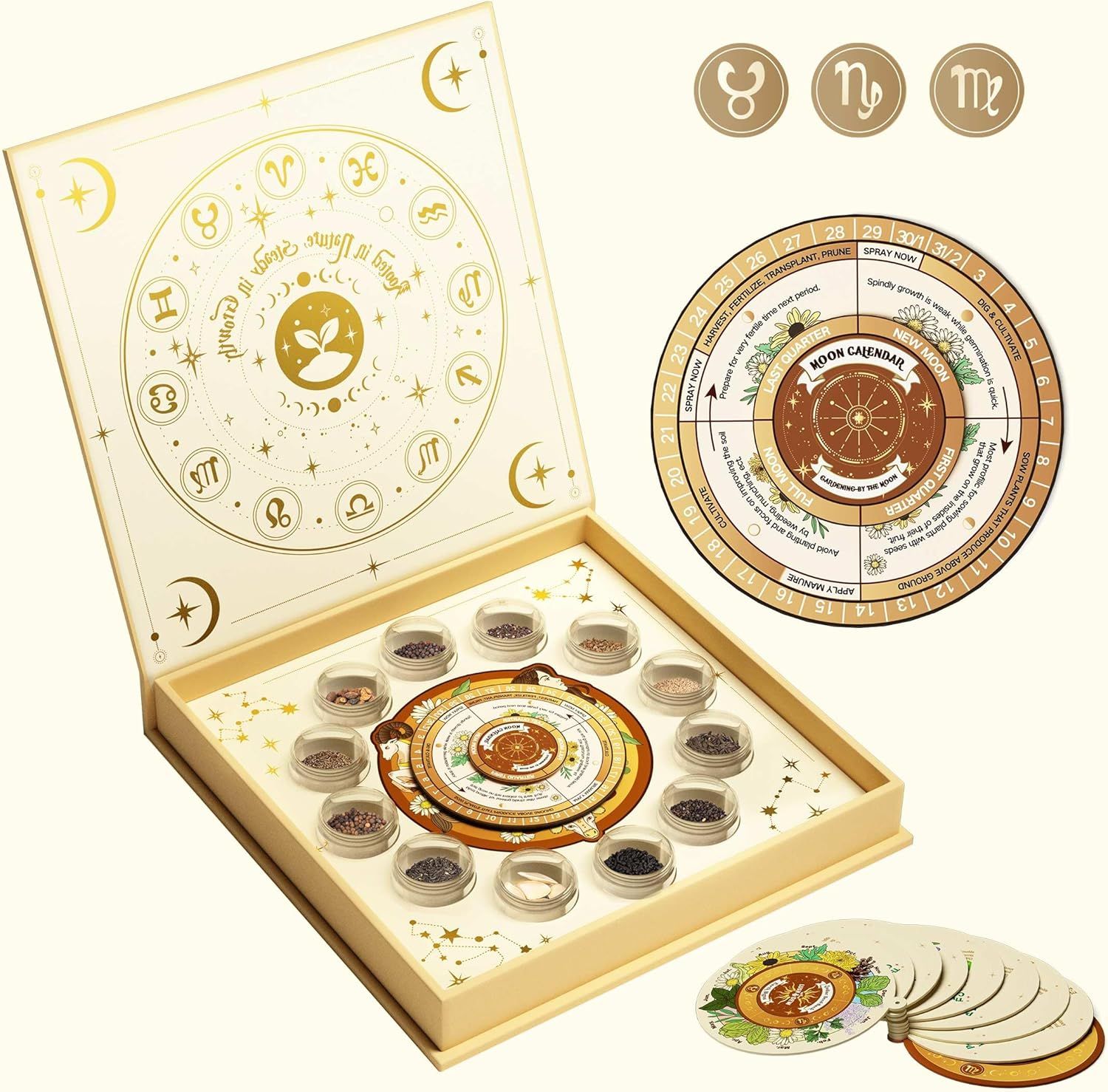 Shows everything included in the astrology-themed kit to help shoppers understand the complete set they will receive, including the decorative box, moon calendar wheel, small containers, and…