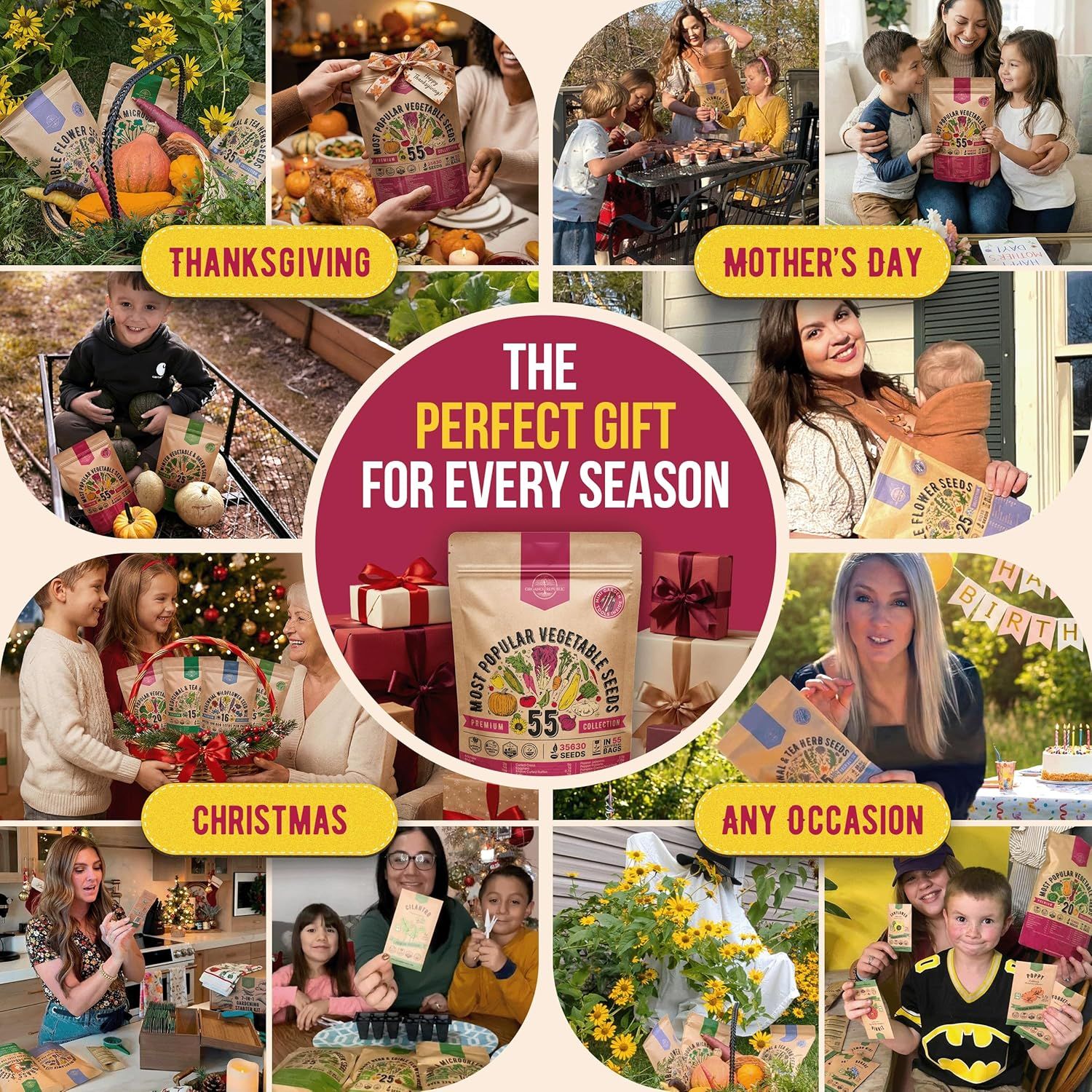 Positions the product as an ideal gift for multiple holidays and occasions throughout the year, including Thanksgiving, Christmas, Mother's Day, and birthdays, to drive year-round purchase intent.