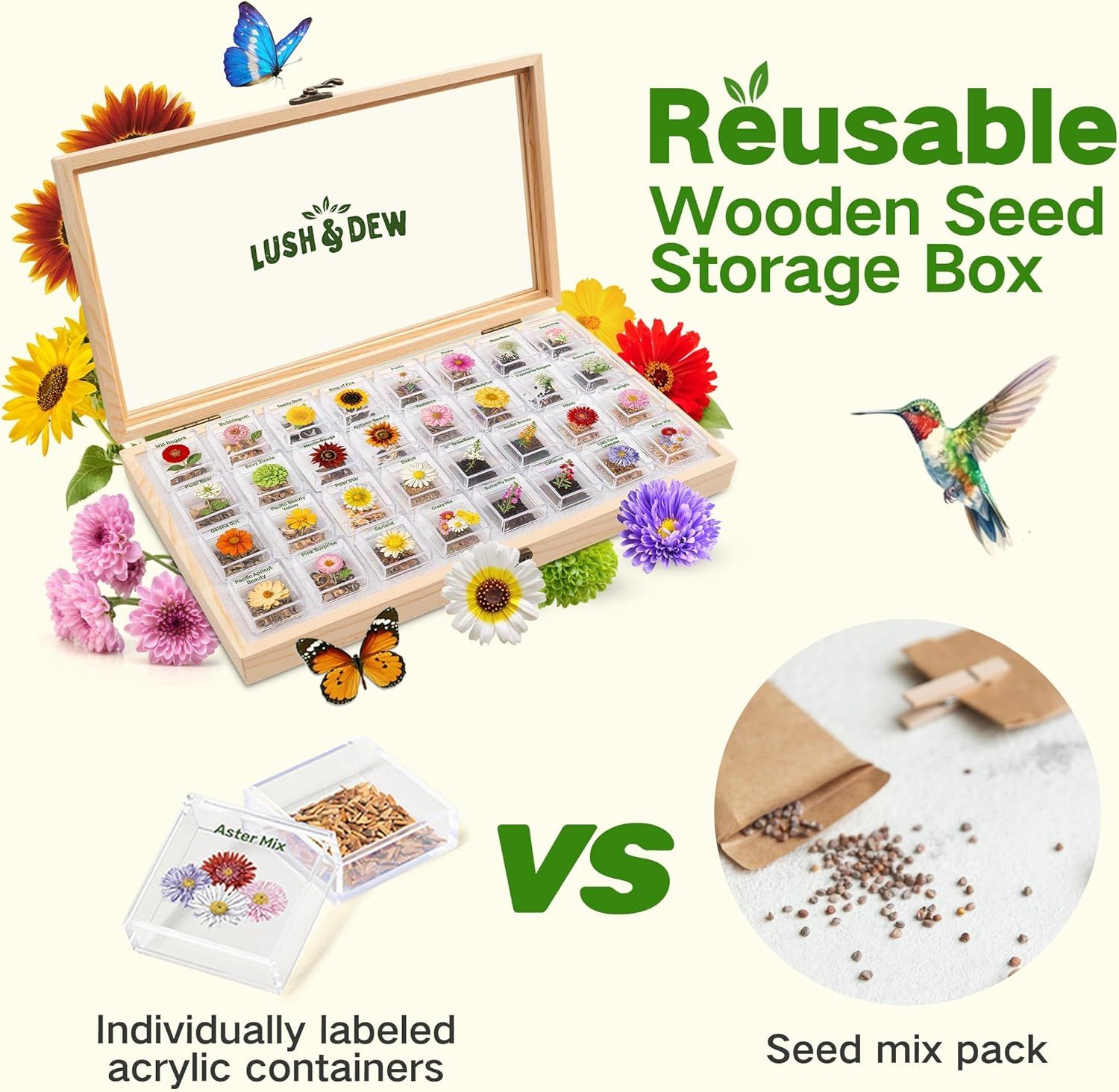 Demonstrates the superiority of the reusable wooden seed storage box with individually labeled acrylic containers compared to generic seed mix packs, emphasizing organization and reusability.…