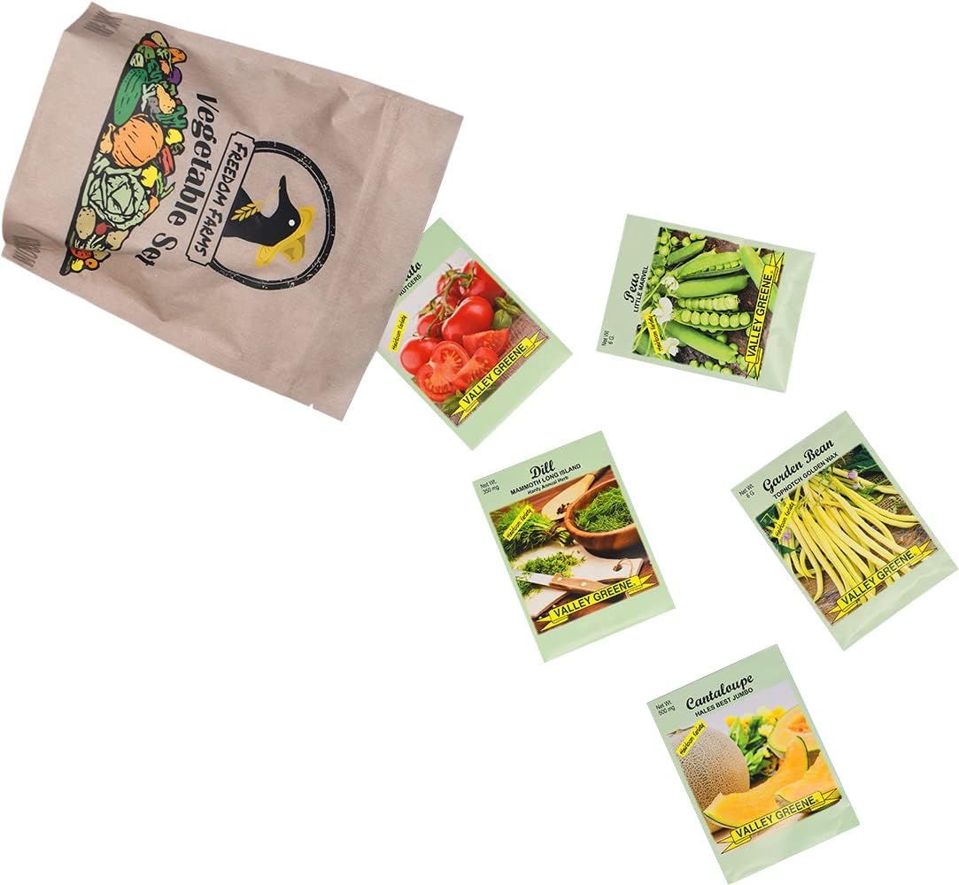 Shows the complete contents of the vegetable seed kit, including the branded storage bag and five different seed packet varieties, to help shoppers understand exactly what they will receive.