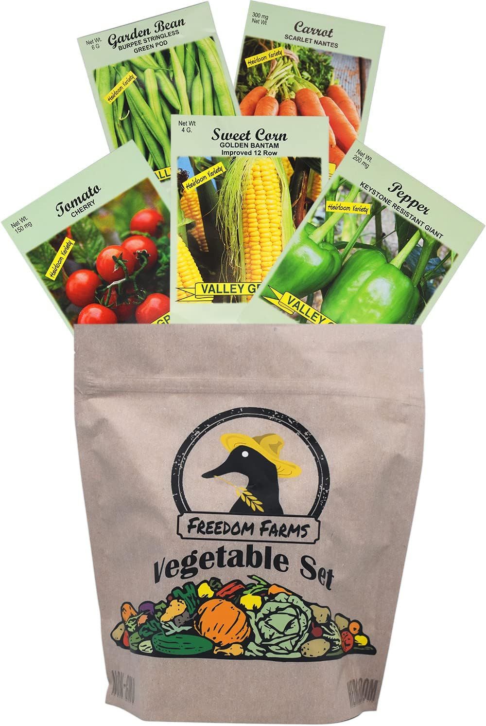 Shows all the vegetable seed packets included in the Freedom Farms vegetable set, helping shoppers understand the complete contents and variety they will receive.