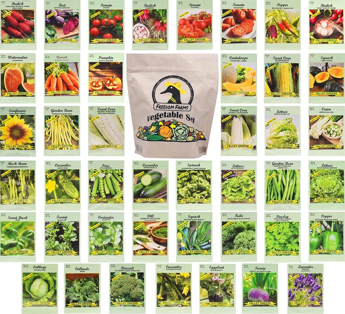 Shows the complete collection of vegetable seed packets included in the Freedom Farms kit, helping shoppers understand the variety and quantity they will receive.