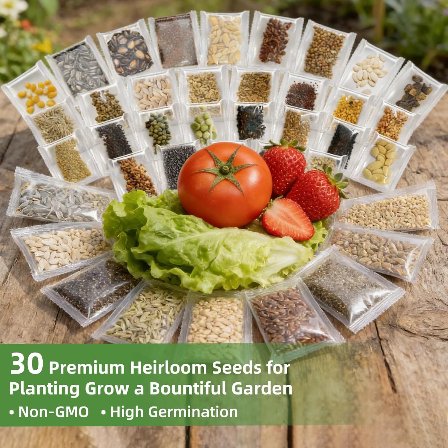 Shows the complete variety pack of 30 different heirloom seeds included in the purchase, demonstrating the diversity and value of the bundle to help shoppers understand exactly what they will…