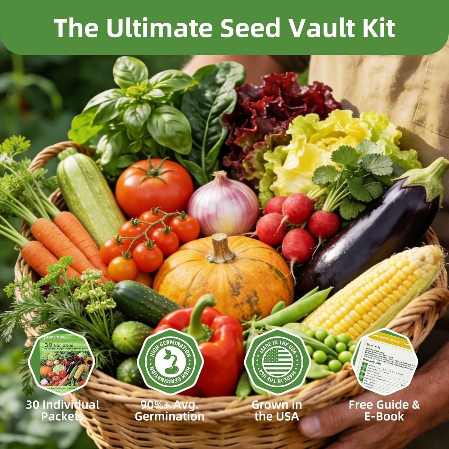 Communicates multiple key selling benefits of the seed vault kit including variety count, germination success rate, USA origin, and bonus educational materials to reassure shoppers of quality and…