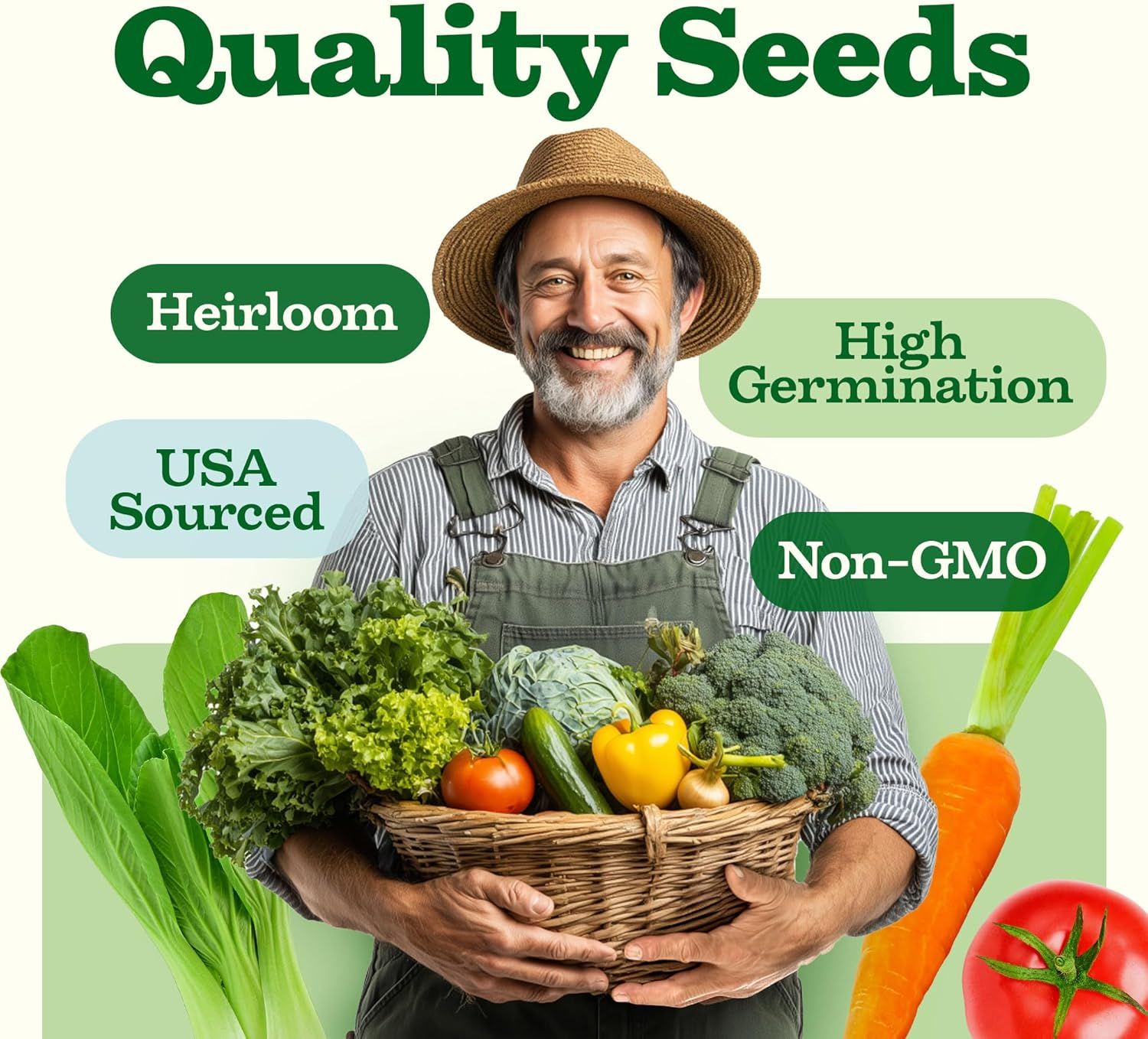 Communicates multiple quality attributes of the seeds to reassure shoppers about the product's heritage, germination success rate, domestic sourcing, and non-GMO status.
