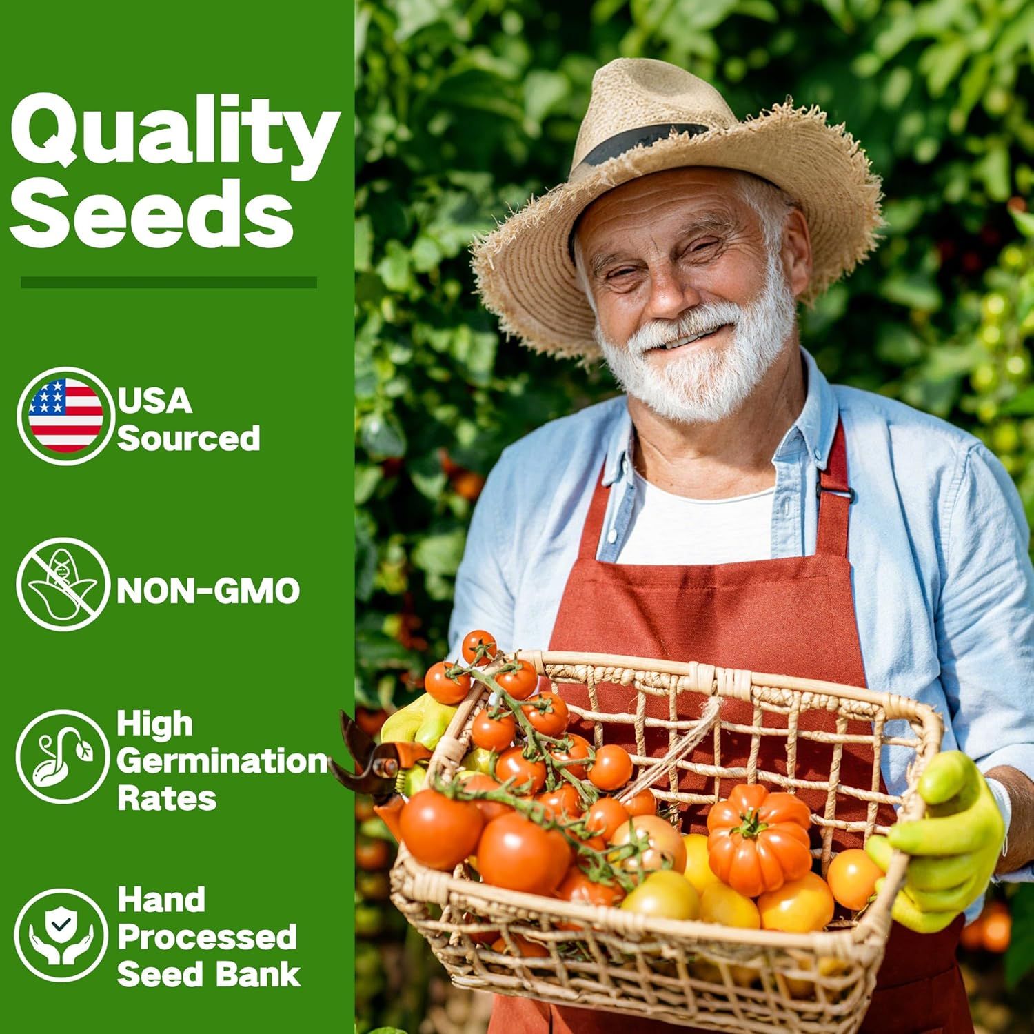 Communicates multiple quality and sourcing benefits of the seeds to reassure shoppers about product quality, origin, and reliability.