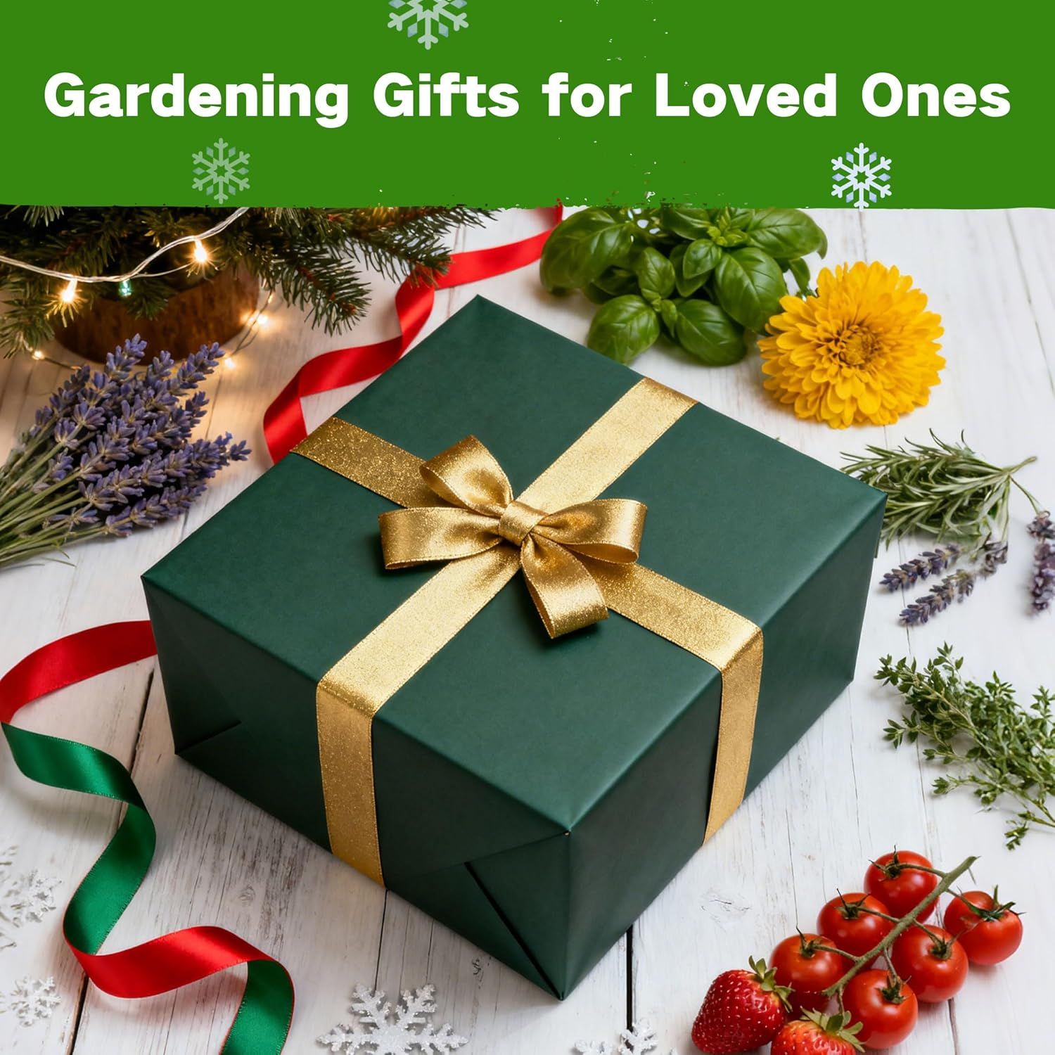 Positions the product as a perfect gift for gardening enthusiasts during the holiday season, combining festive elements (snowflakes, gift wrapping, Christmas decorations) with gardening imagery…
