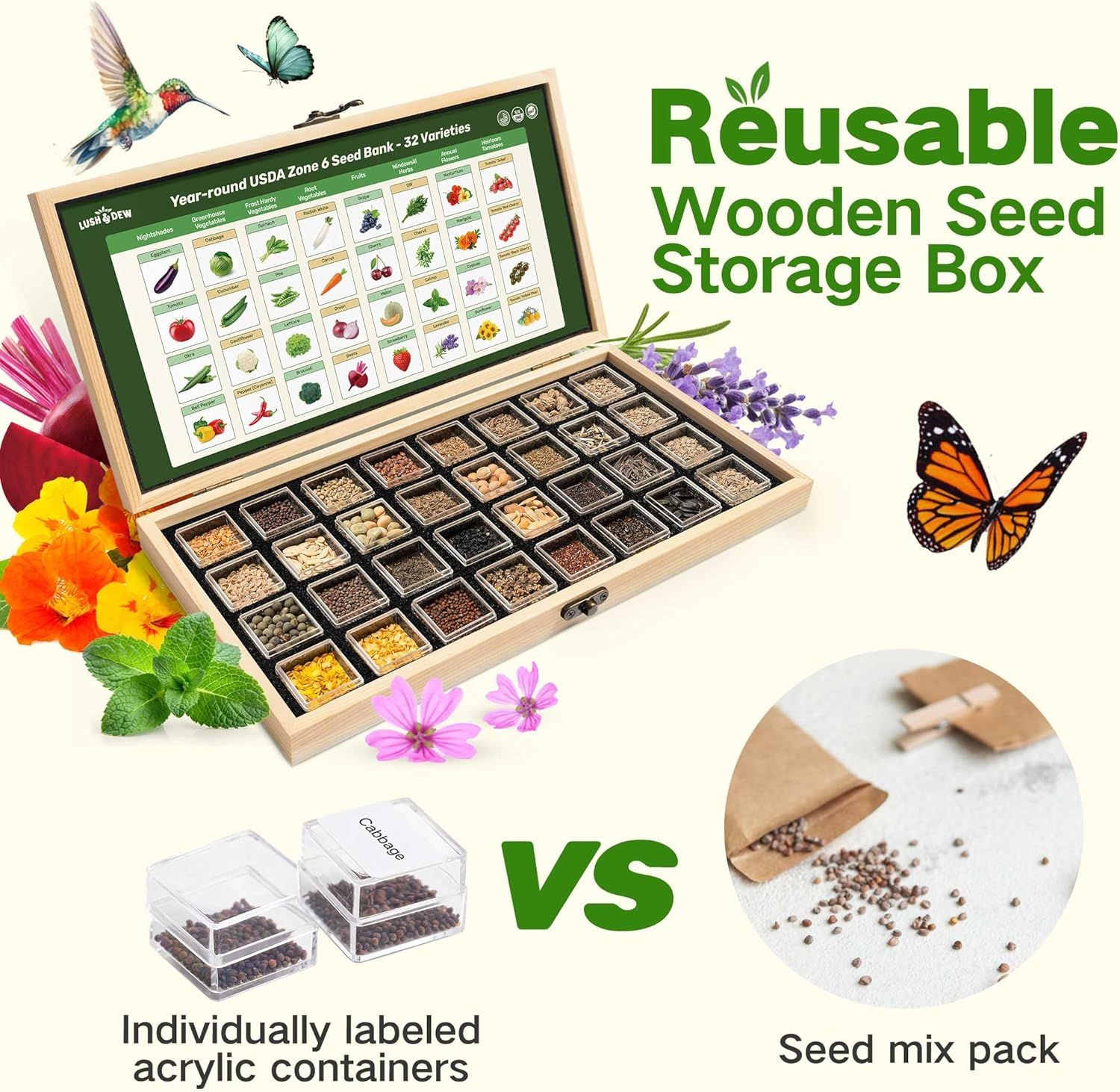 Demonstrates the superiority of the reusable wooden seed storage box with individually labeled compartments compared to generic seed mix packs or basic acrylic containers, emphasizing organization…
