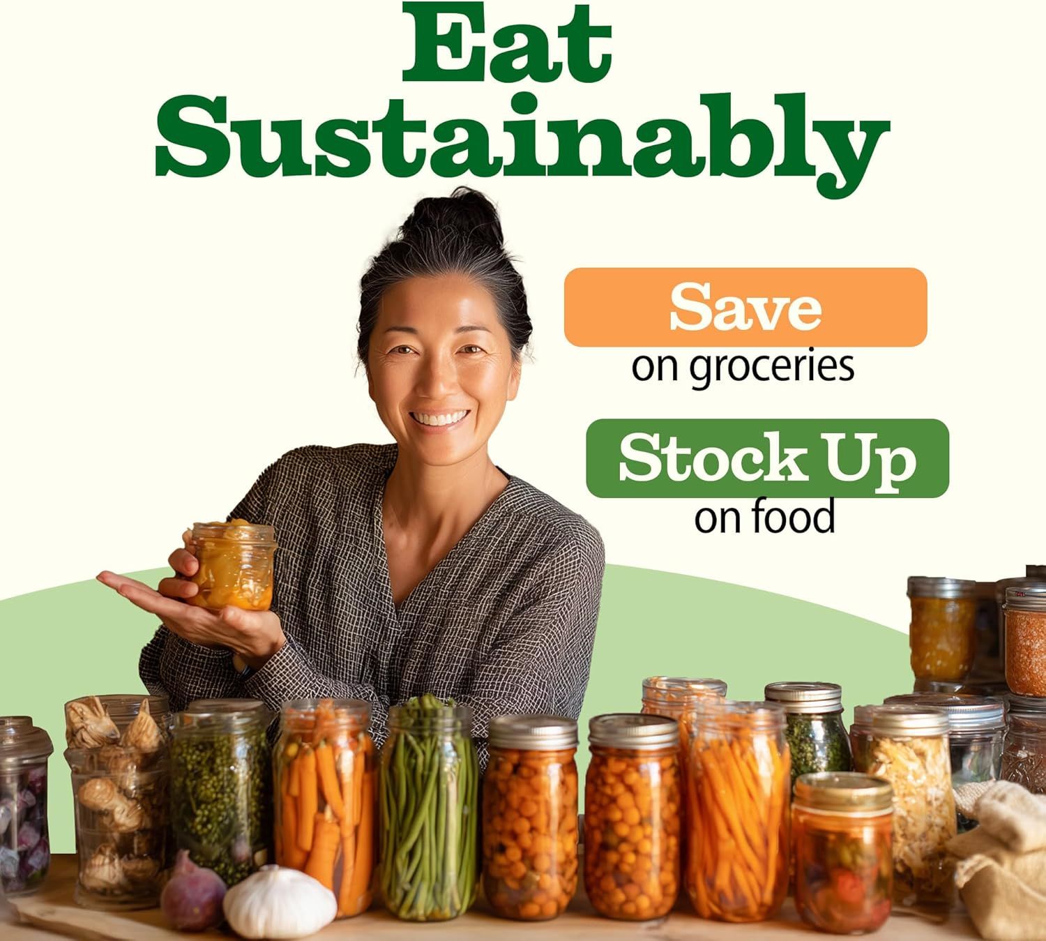 Communicates multiple benefits of the product: sustainable eating practices, saving money on groceries, and stocking up on food, appealing to eco-conscious and budget-minded shoppers.