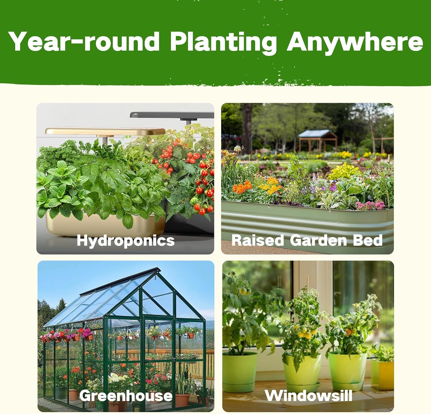 Demonstrates the versatility of the product by showing four different planting environments and methods, reassuring shoppers that it can be used year-round in various settings.
