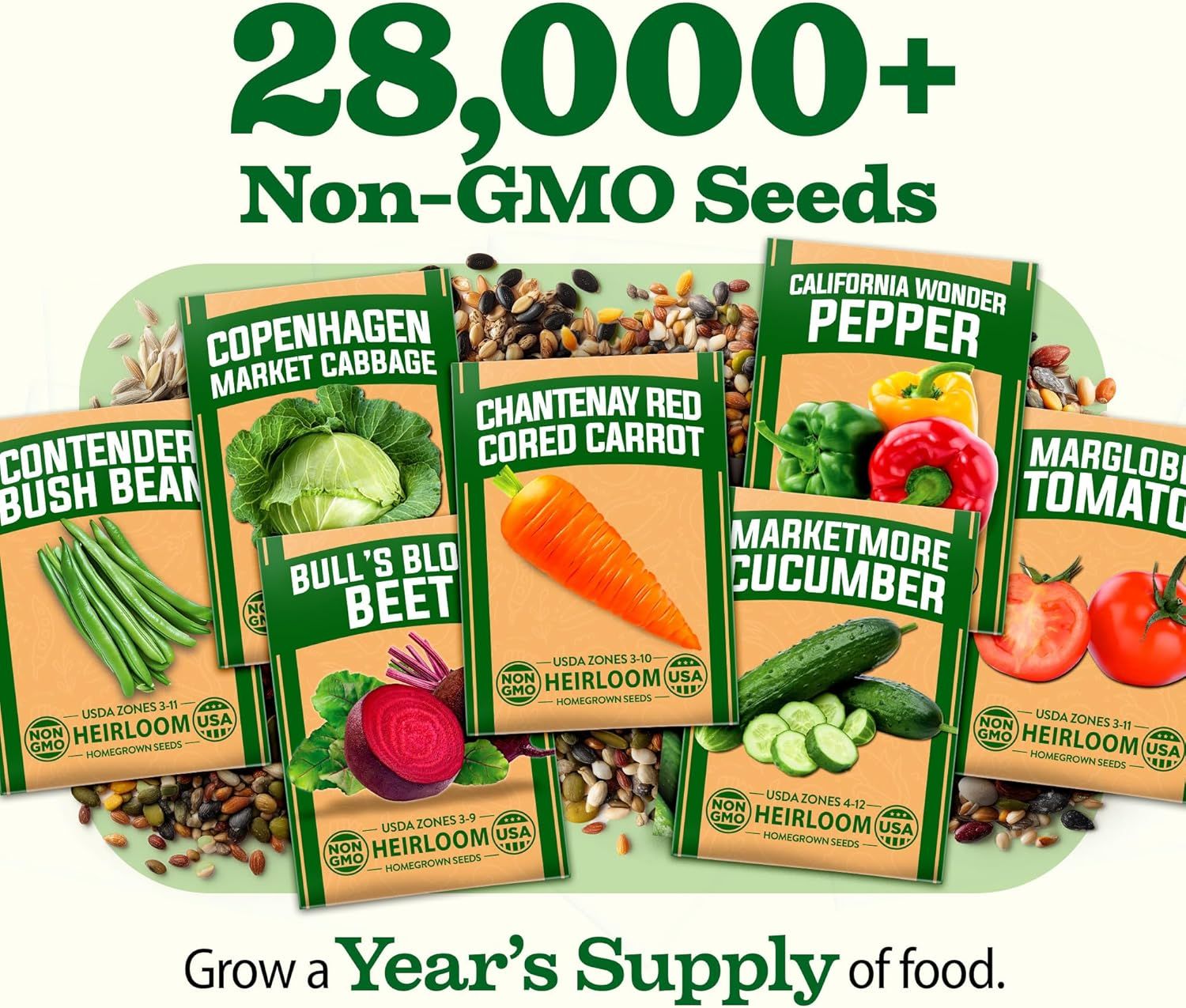 Communicates that the seed collection is Non-GMO certified, reassuring environmentally conscious shoppers about the product's sustainability and safety credentials. Shows the complete variety of…