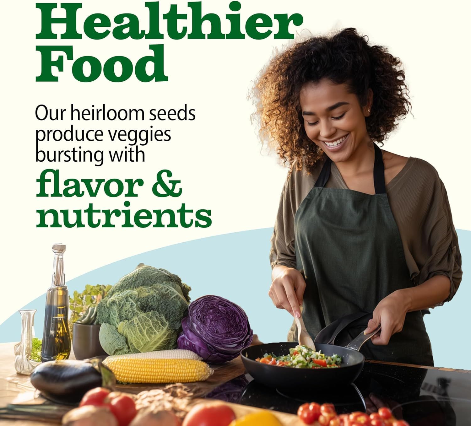 Communicates that the heirloom seeds produce vegetables with superior flavor and nutritional value, positioning the product as a healthy, quality choice for home gardening.