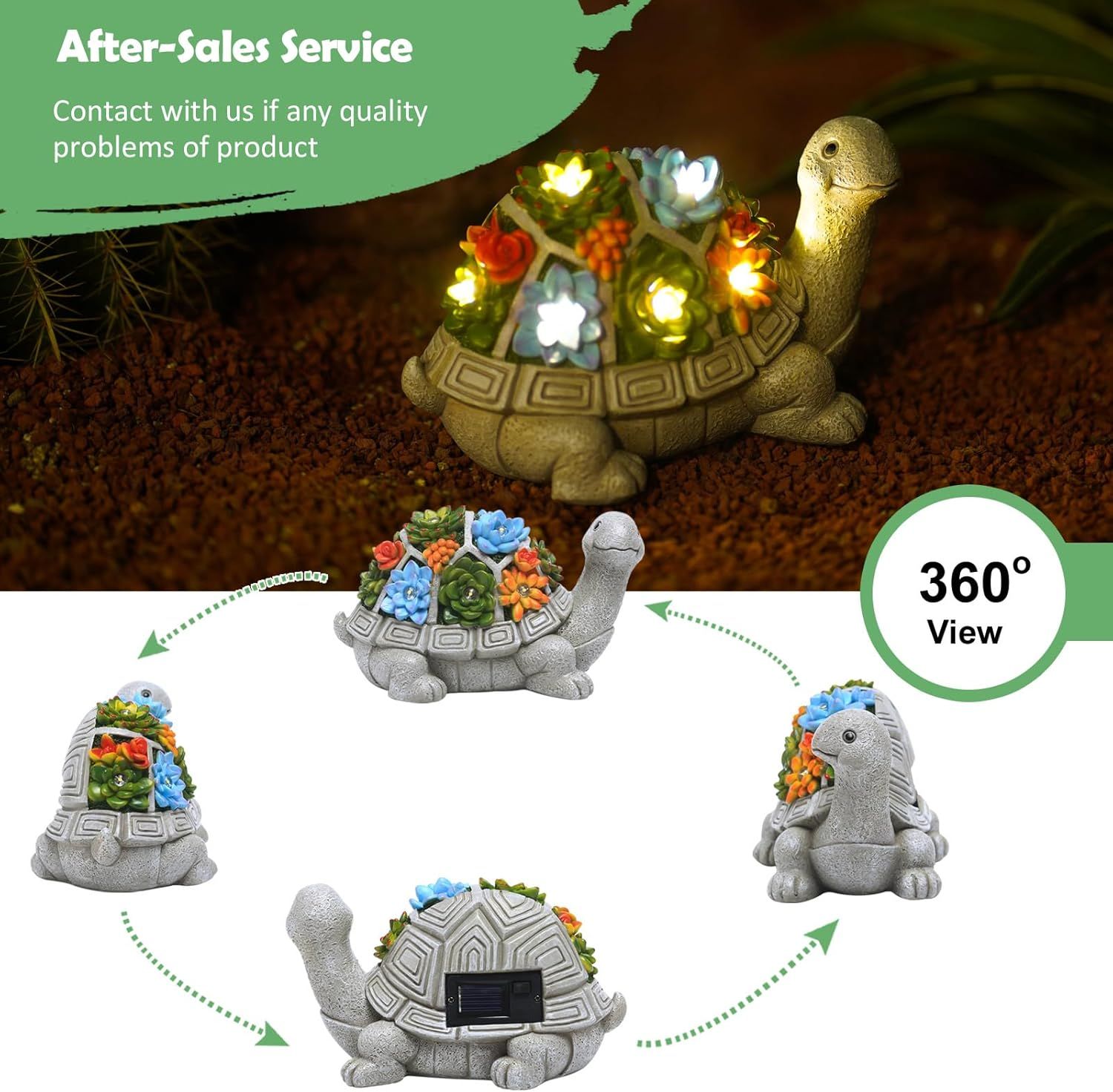 Demonstrates the product's design from all angles to give shoppers confidence in the appearance and build quality, while also reassuring them of after-sales support for quality issues.