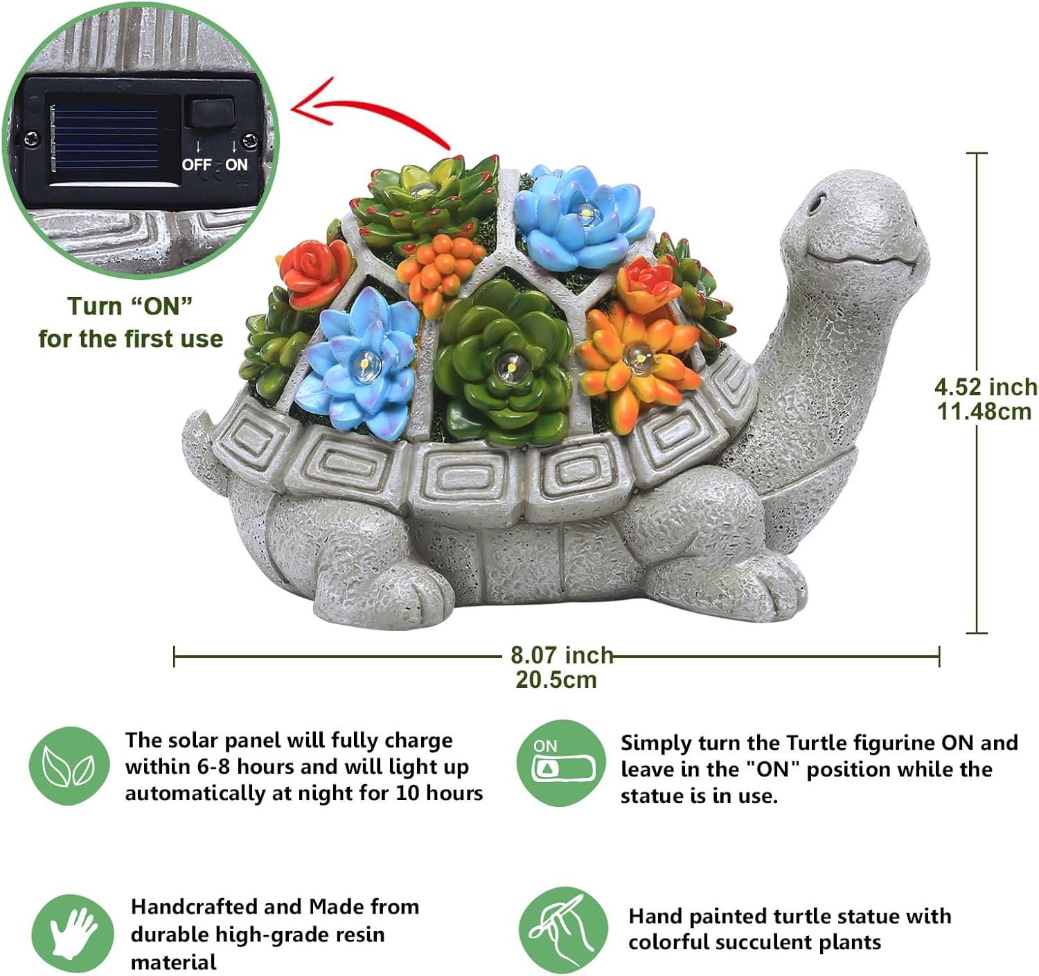 Communicates the exact physical size of the turtle figurine (8.07 inches wide, 4.52 inches tall) to help shoppers understand how large the product is before purchasing. Highlights multiple distinct…