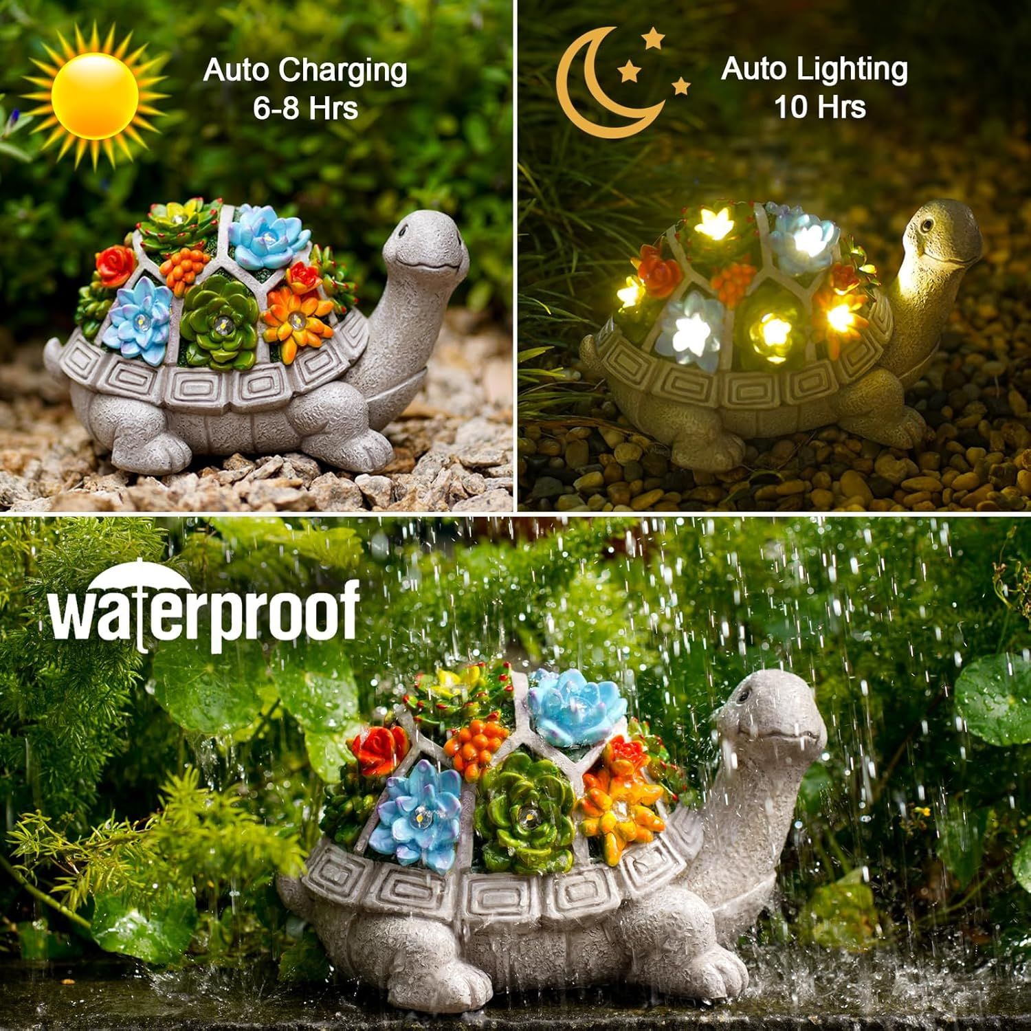 Demonstrates three distinct benefits of the decorative turtle light: solar charging capability during the day, automatic lighting at night, and waterproof durability for outdoor use.