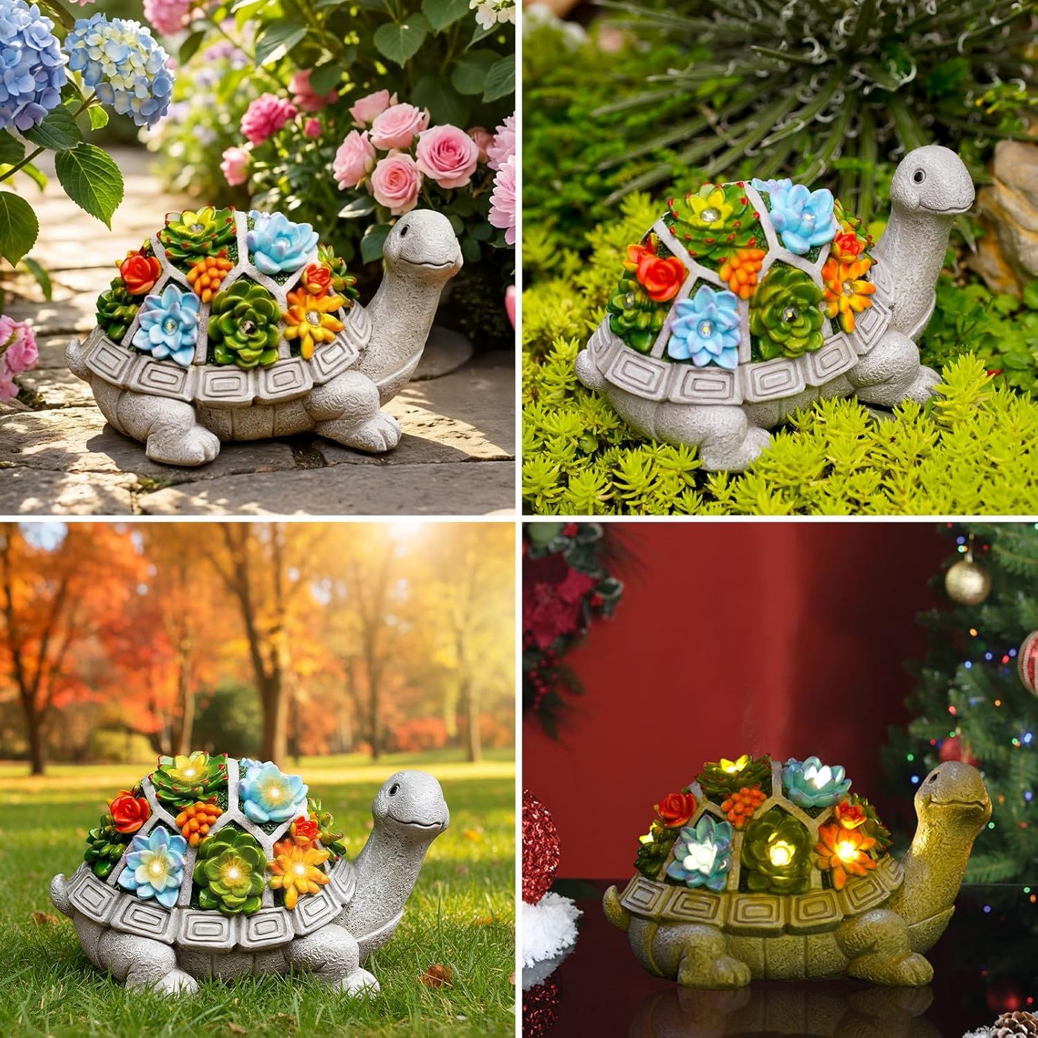 Demonstrates the product's versatility by showing it in multiple seasonal and environmental contexts (spring garden, summer greenery, autumn landscape, winter holiday), reassuring shoppers that it…
