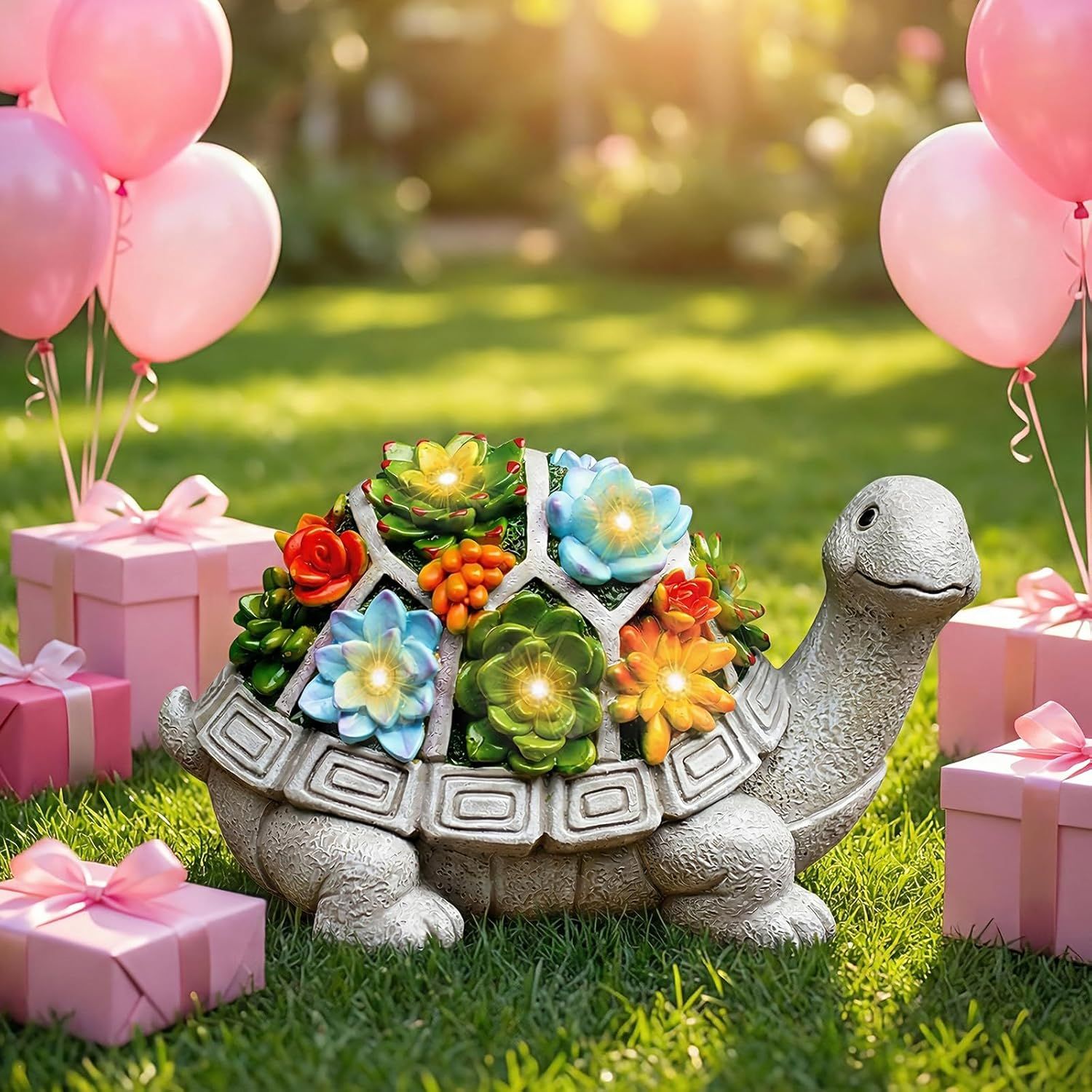 Positions the product as a perfect gift item for celebrations and special occasions, using pink balloons, gift boxes with ribbons, and festive outdoor setting to create emotional appeal.