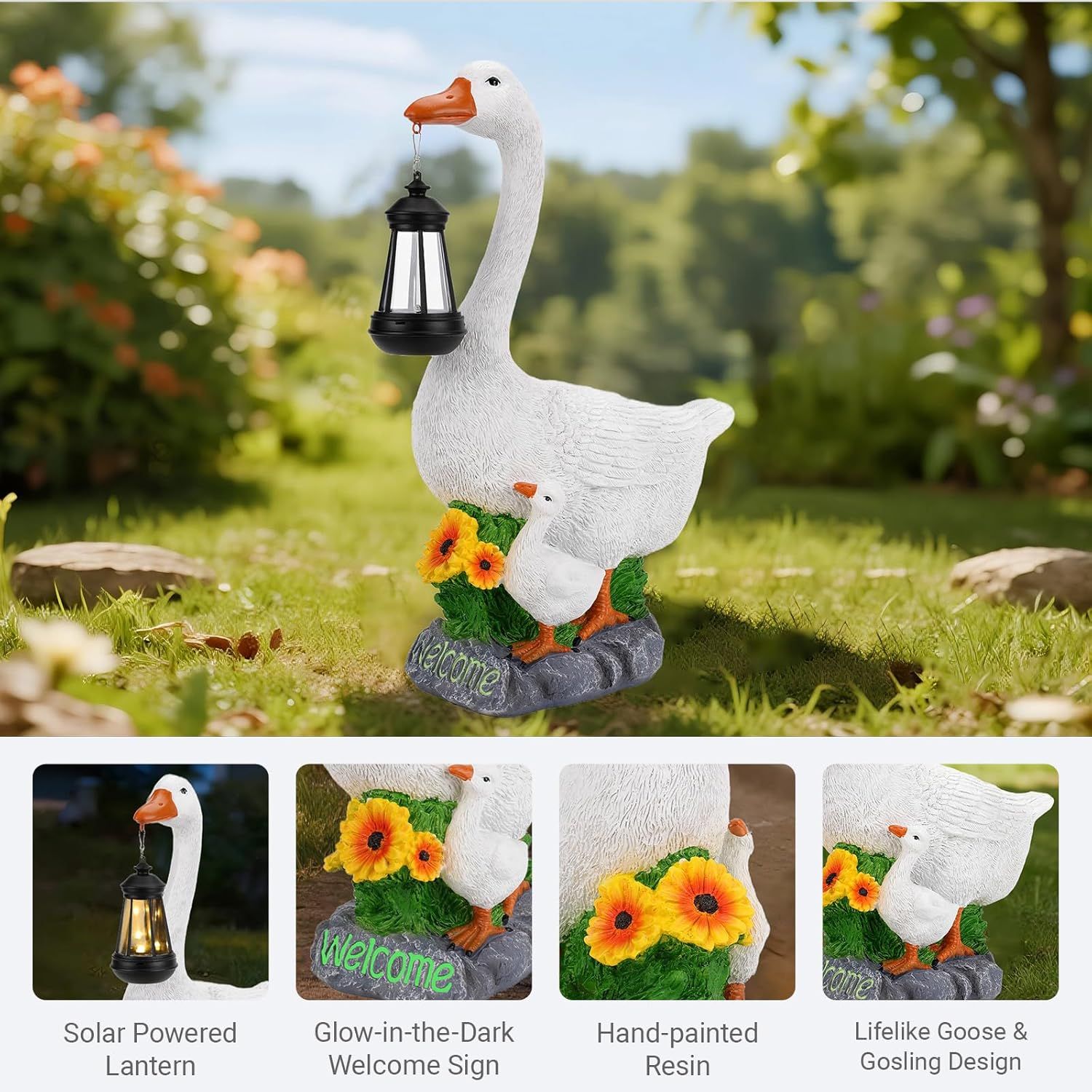 Showcases multiple distinct product features in a segmented layout to communicate the decorative garden statue's key selling points: solar lighting, welcoming message, quality materials, and…