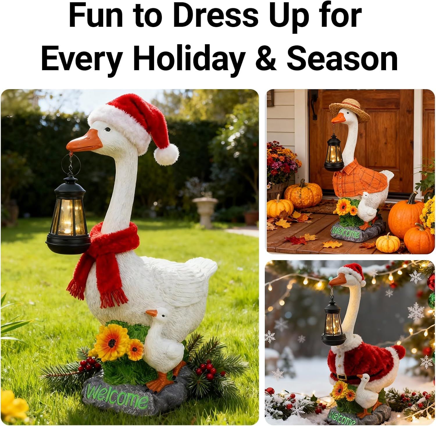 Demonstrates that the decorative goose product can be dressed up for multiple holidays and seasons (Christmas, Fall/Thanksgiving, Halloween), positioning it as a versatile year-round decoration.…