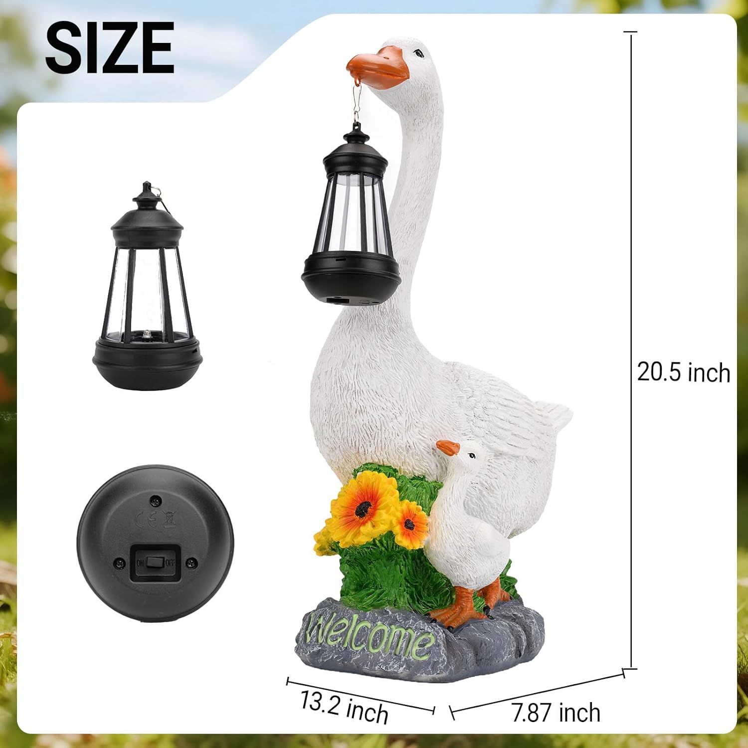 Communicates the exact physical dimensions of the decorative goose statue (20.5 x 13.2 x 7.87 inches) to help shoppers understand how large the product is and whether it will fit their intended space.