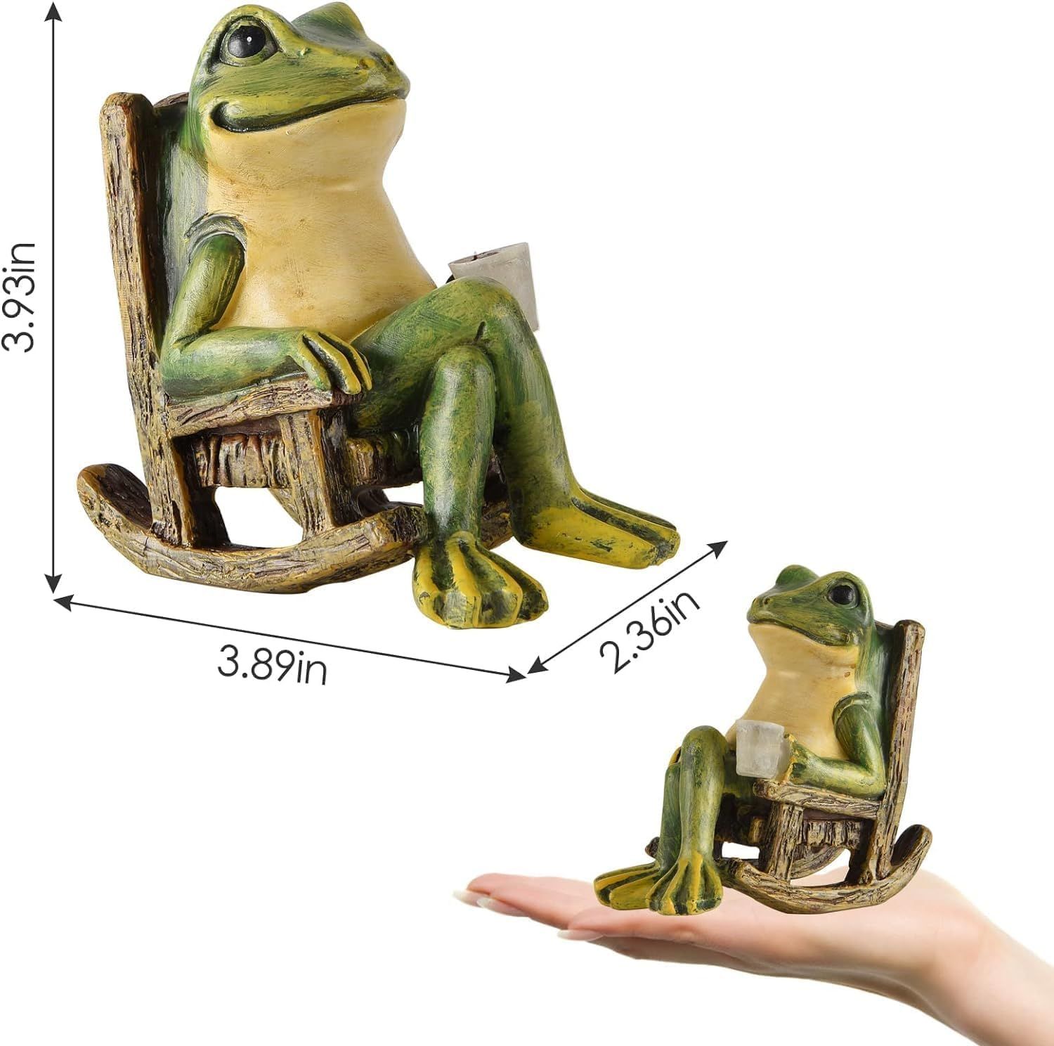 Communicates the exact physical size of the decorative frog figurine using dimensional measurements and a hand for scale reference, helping shoppers understand how large or small the product is.