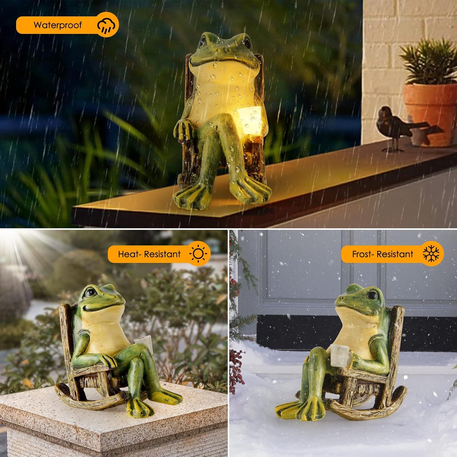 Demonstrates the product's durability across multiple weather conditions (rain, heat, and cold) to reassure shoppers it can withstand year-round outdoor use.