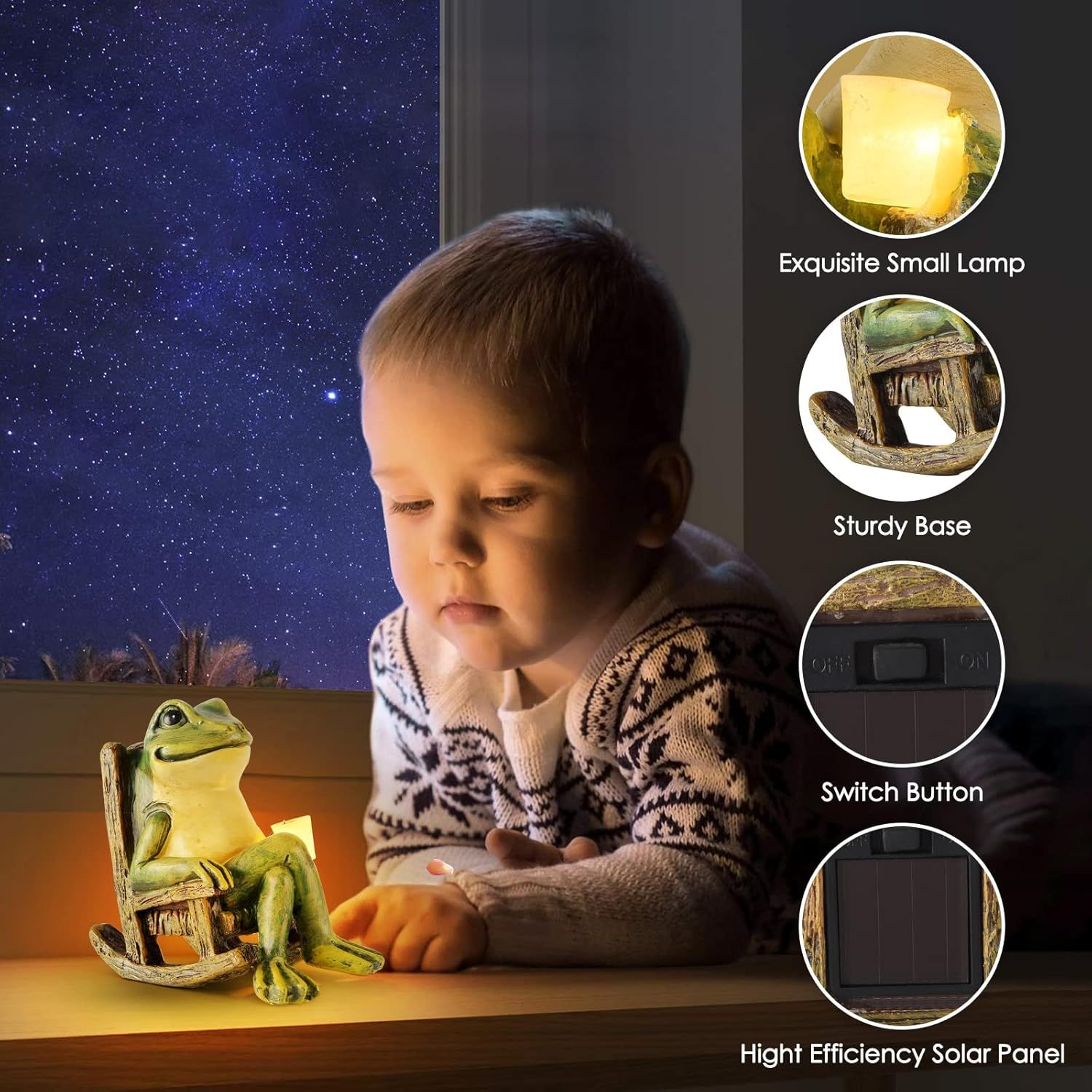 Breaks down the physical components of the decorative frog lamp to help shoppers understand its construction, features, and key parts including the lamp, base, switch, and solar panel.